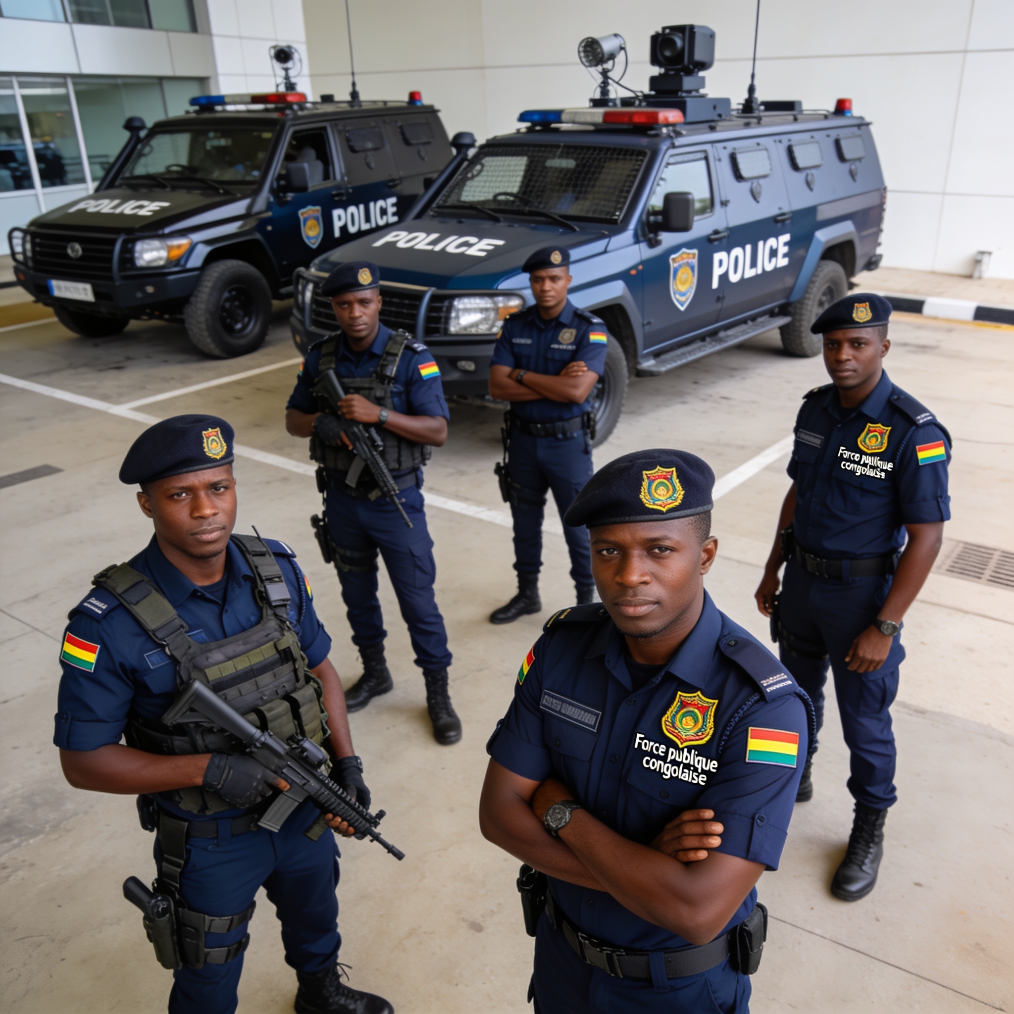 Create an editorial news illustration for an article about "65 ans de la Force publique congolaise : l'endurance au service de la sécurité nationale". The specific country is Republique du Congo (Brazzaville) (CG); make visual cues accurate to this e