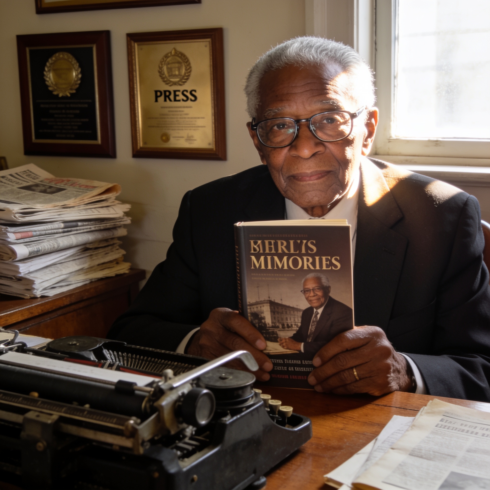 Create an editorial news illustration for an article about 'À 92 ans, le doyen de la presse Bernard Mackiza publie ses mémoires'. The specific country is Republique du Congo (Brazzaville) (CG); make visual cues accurate to this exact country and avoi