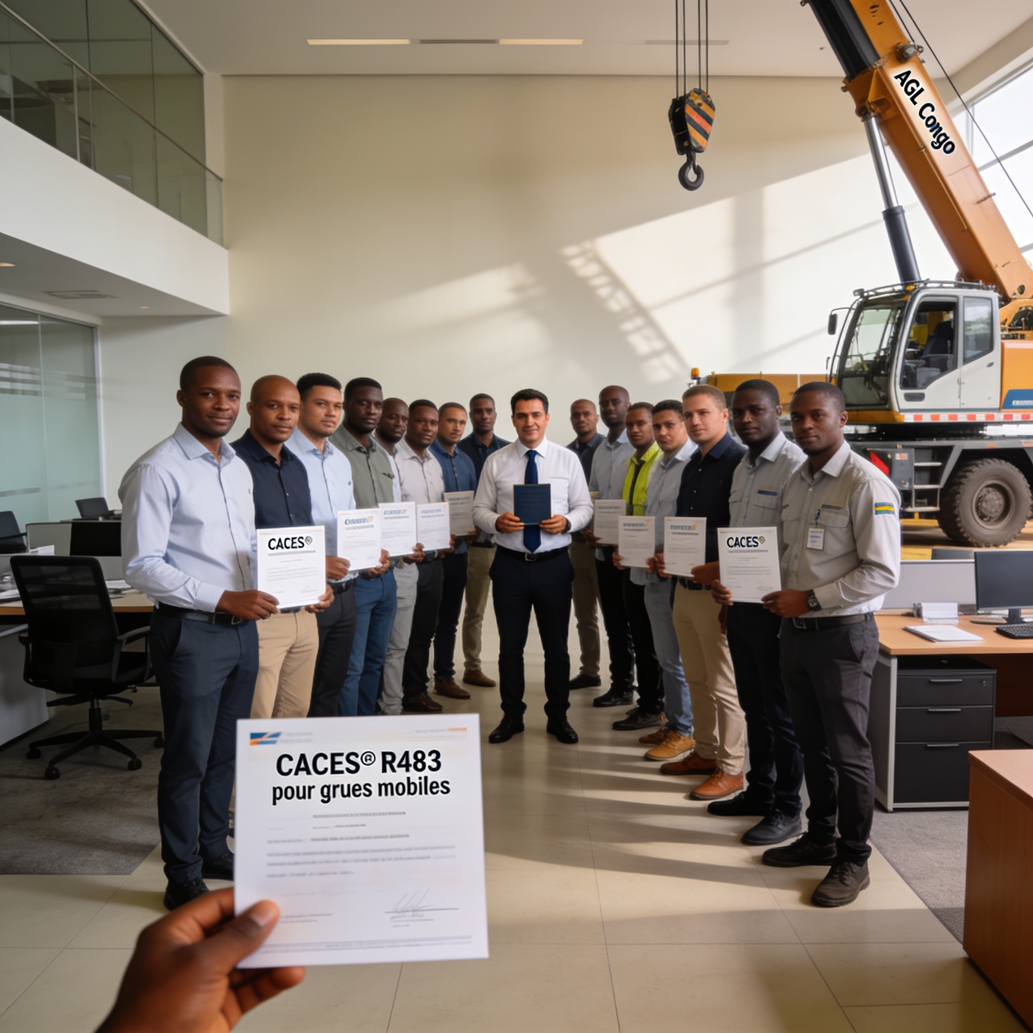 Create an editorial news illustration for an article about 'AGL Congo : 25 collaborateurs obtiennent la certification CACES® R483 pour grues mobiles'. The specific country is Republique du Congo (Brazzaville) (CG); make visual cues accurate to this e