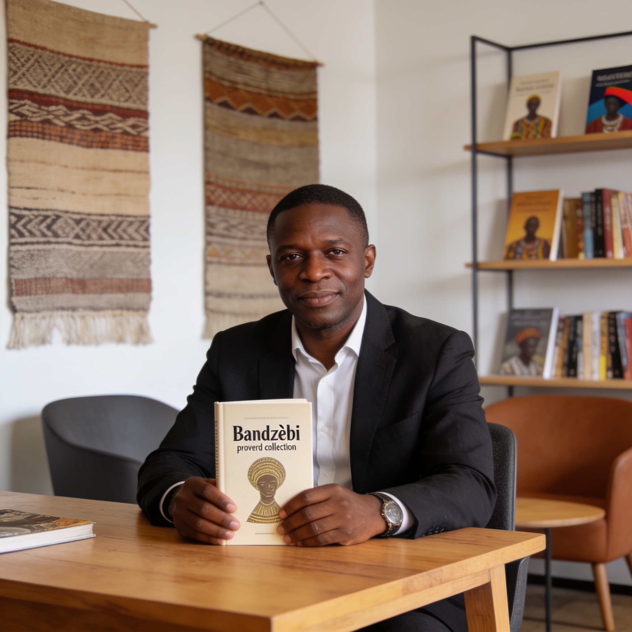 Create an editorial news illustration for an article about 'André Yaba publie un recueil de proverbes pour préserver la sagesse Bandzèbi'. The specific country is Republique du Congo (Brazzaville) (CG); make visual cues accurate to this exact country