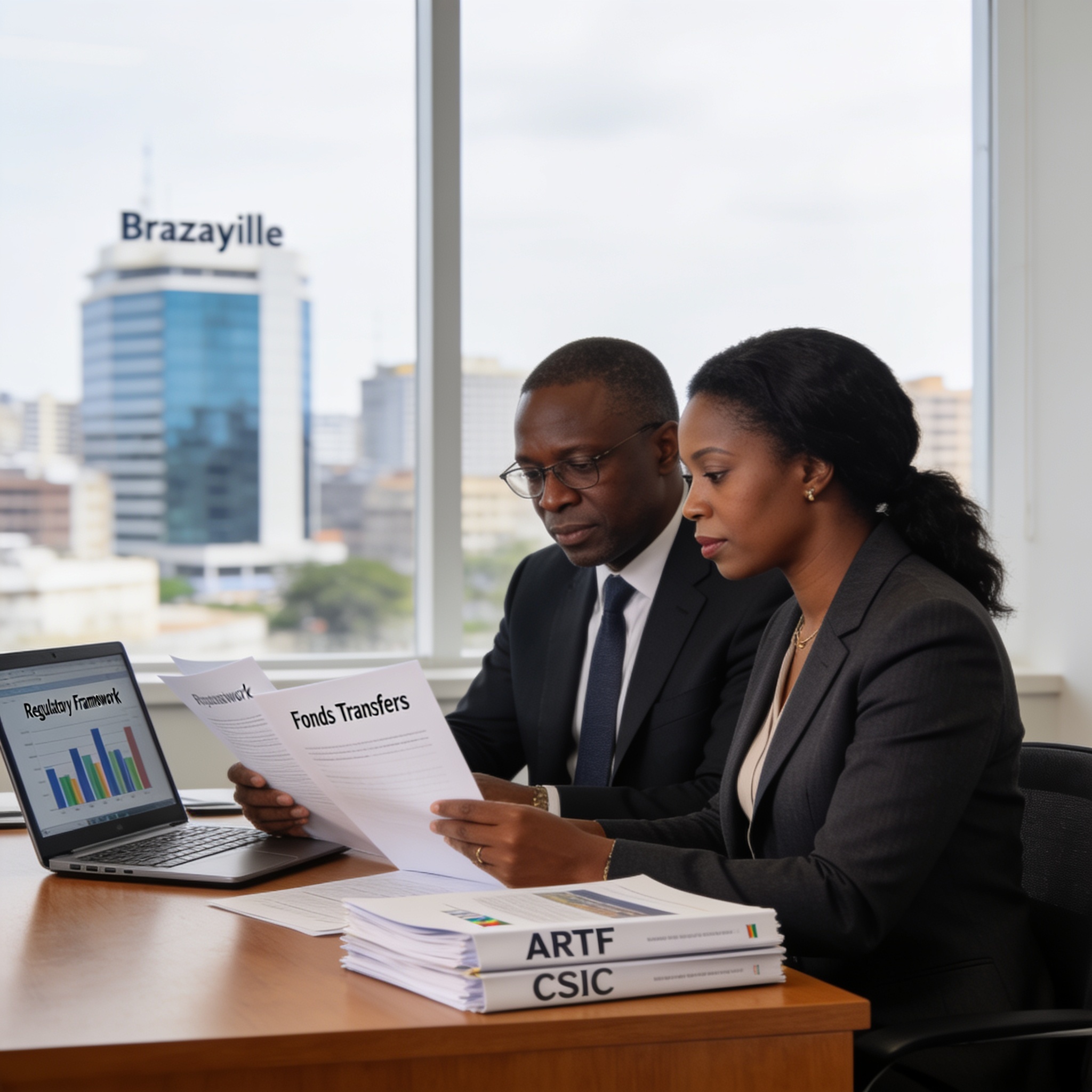 Create an editorial news illustration for an article about 'ARTF et CSIC unis pour régulariser les transferts de fonds informels au Congo'. The specific country is Republique du Congo (Brazzaville) (CG); make visual cues accurate to this exact countr