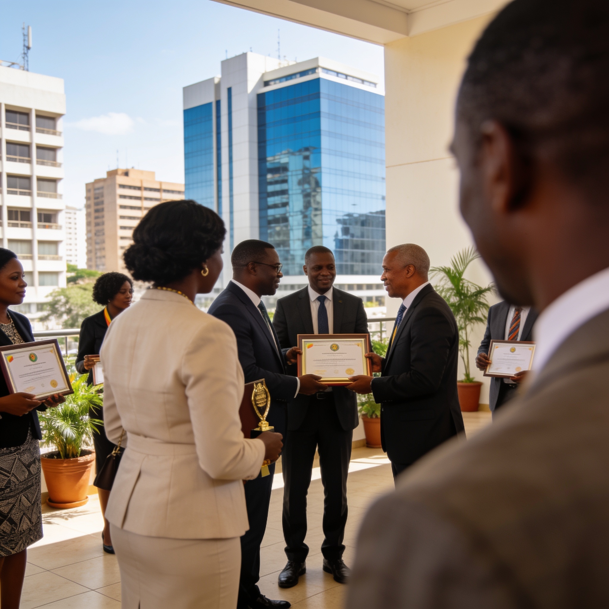 Create an editorial news illustration for an article about 'Brazzaville accueille la 4e édition du Prix d’excellence leader du Congo en août'. The specific country is Republique du Congo (Brazzaville) (CG); make visual cues accurate to this exact cou