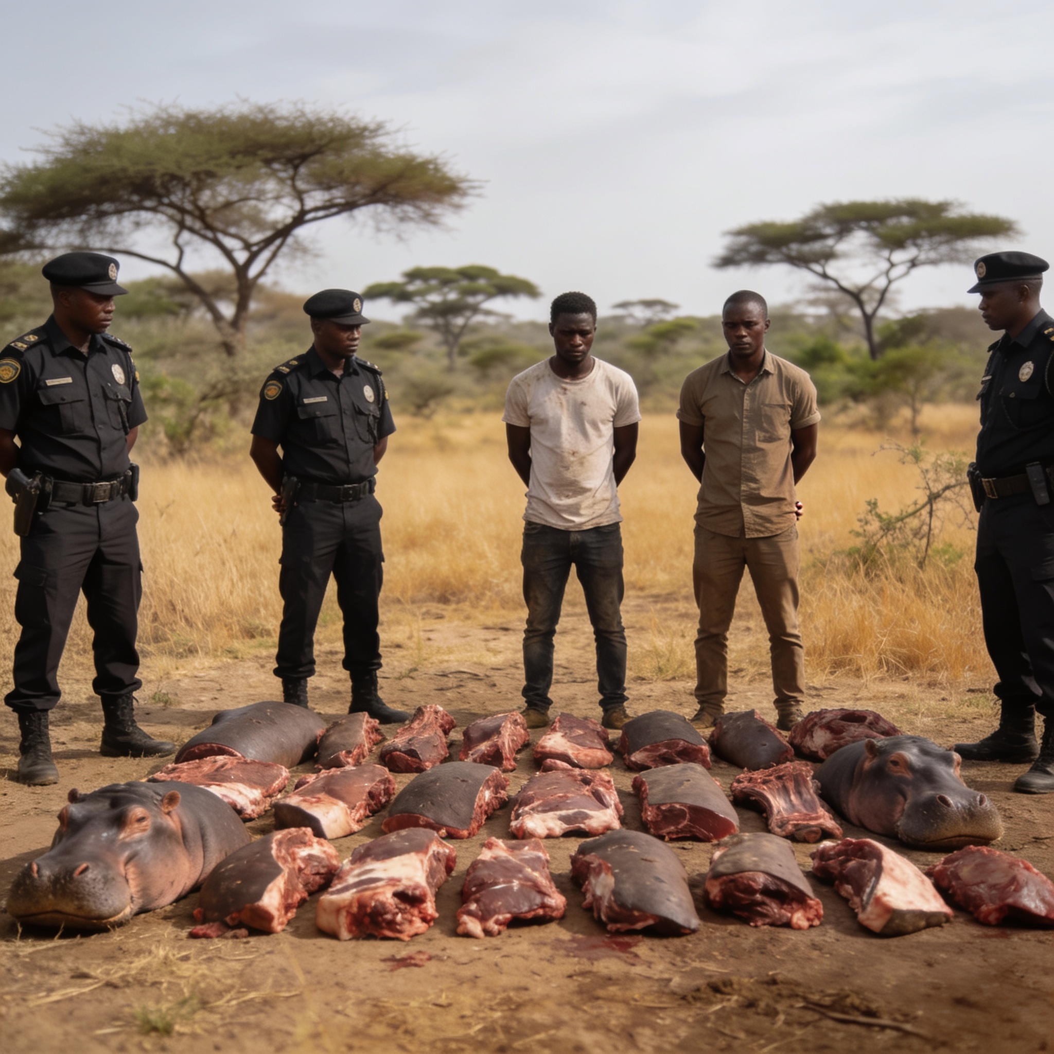 Create an editorial news illustration for an article about "Brazzaville: Deux braconniers présumés arrêtés avec 60 pièces de viande d'hippopotame dans la réserve de Lesio-Luna". The specific country is Republique du Congo (Brazzaville) (CG); make vis