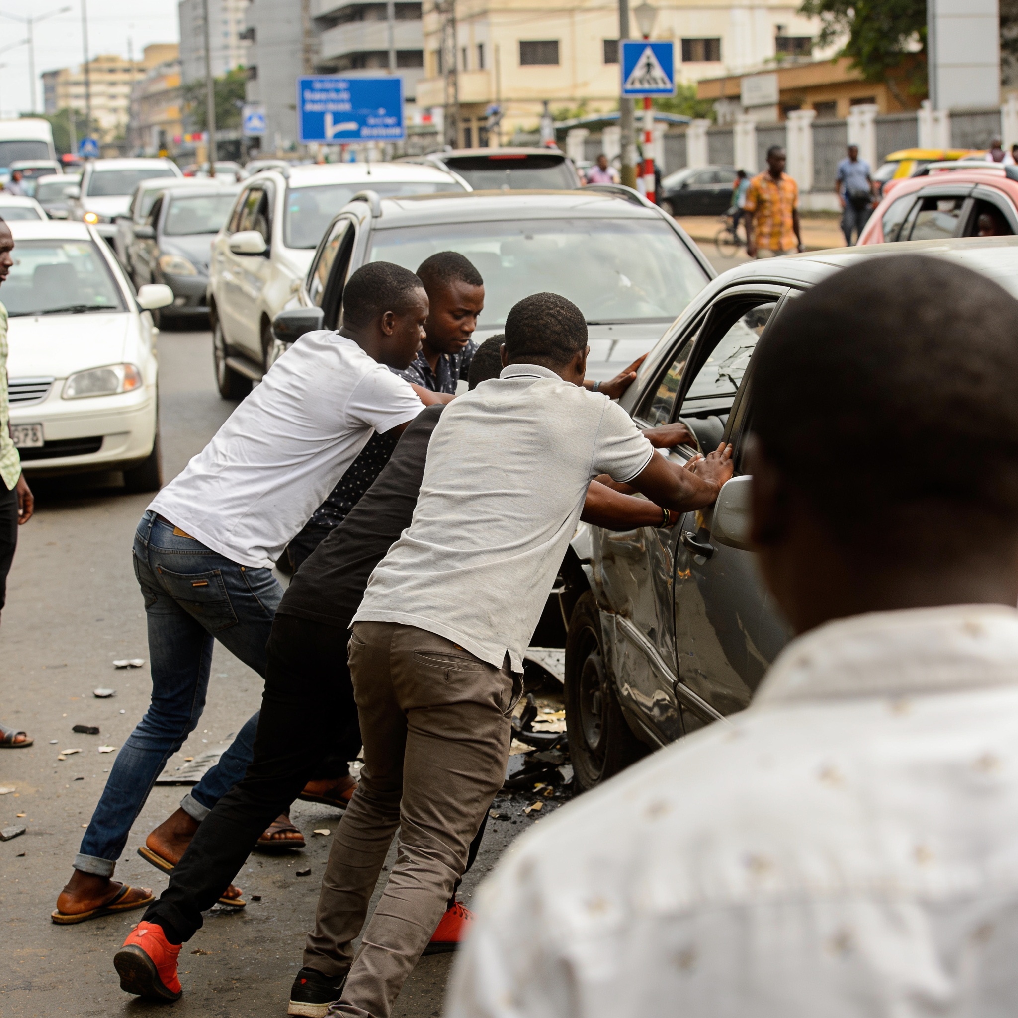 Create an editorial news illustration for an article about "Brazzaville : un violent accident évité de justesse grâce à la solidarité citoyenne sur l'avenue Nelson Mandela". The specific country is Republique du Congo (Brazzaville) (CG); make visual