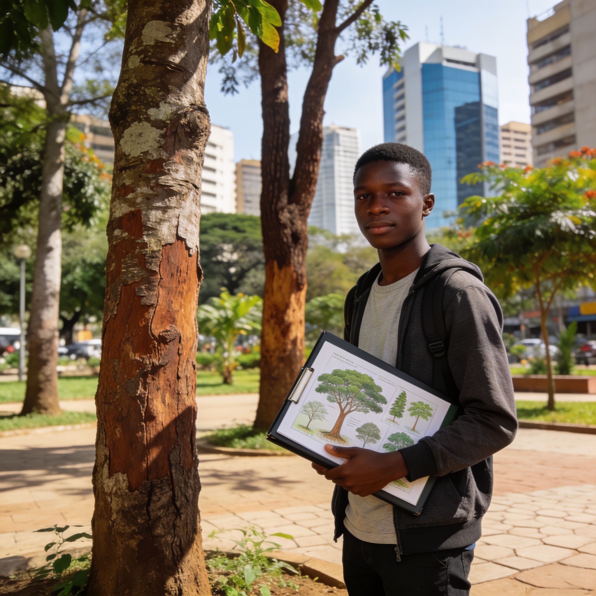 Create an editorial news illustration for an article about 'Brazzaville : une étudiante plaide pour la diversification des espèces d’arbres urbains'. The specific country is Republique du Congo (Brazzaville) (CG); make visual cues accurate to this ex