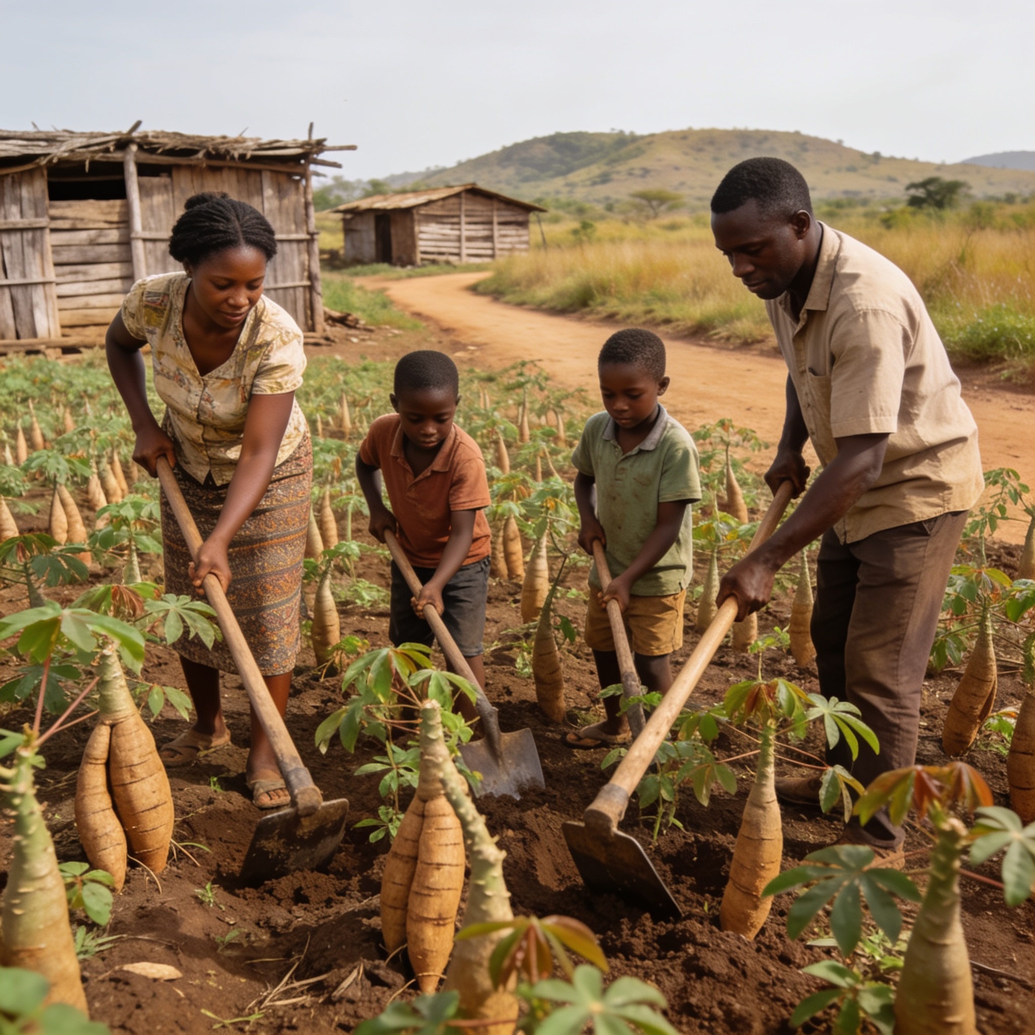 Create an editorial news illustration for an article about 'Congo : cap sur un plan d’action national pour l’agriculture familiale'. The specific country is Republique du Congo (Brazzaville) (CG); make visual cues accurate to this exact country and a