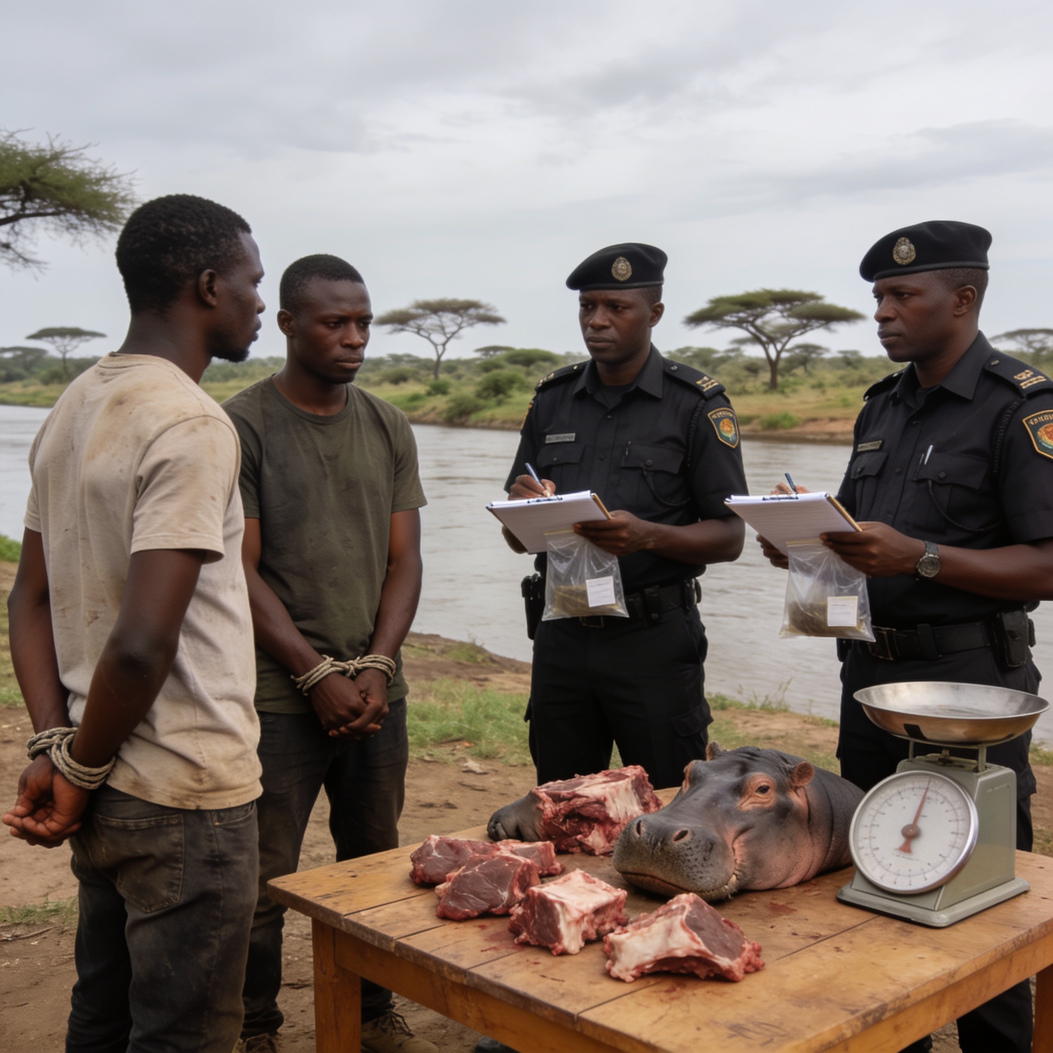 Create an editorial news illustration for an article about 'Congo : Deux présumés braconniers écroués pour trafic de viande d’hippopotame'. The specific country is Republique du Congo (Brazzaville) (CG); make visual cues accurate to this exact countr
