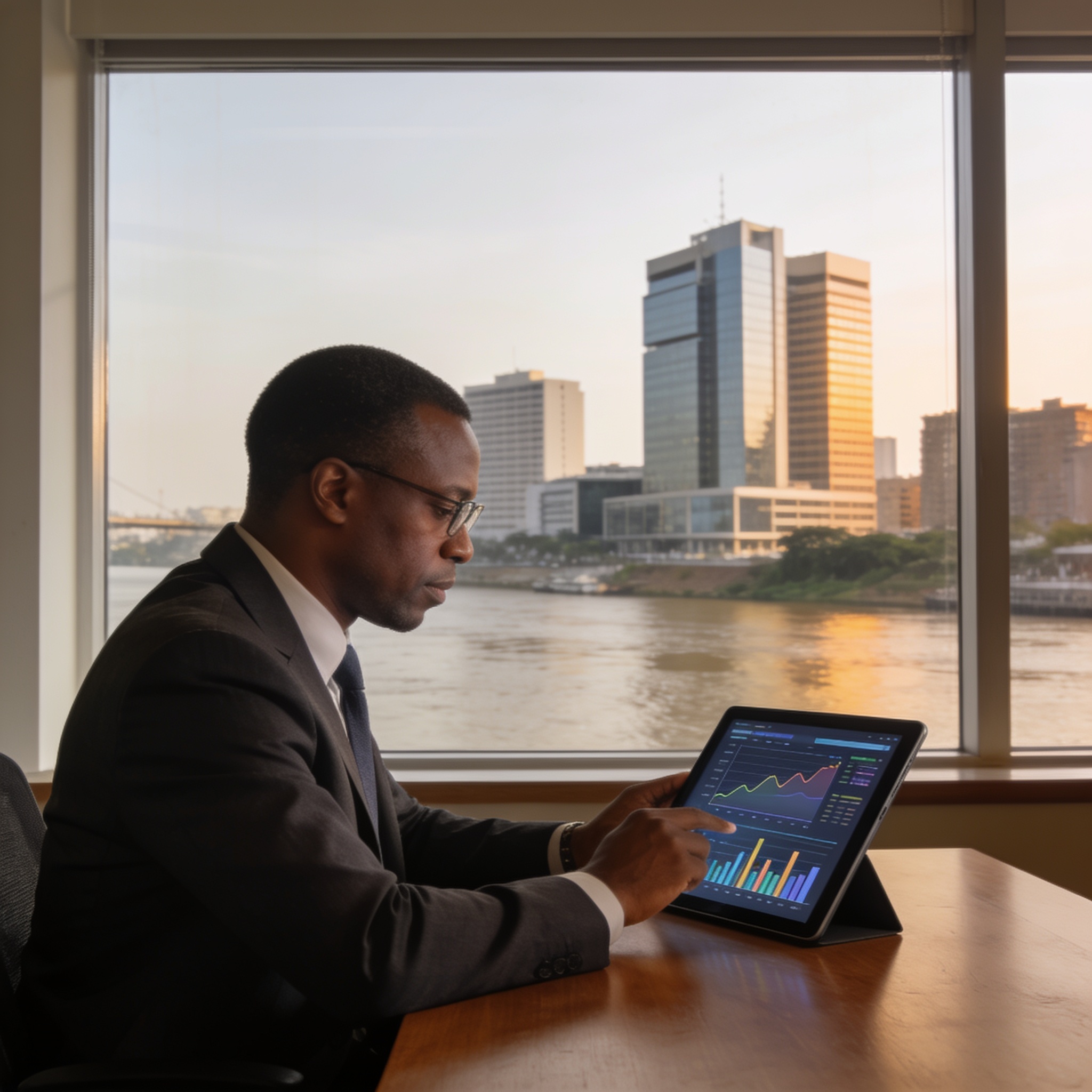 Create an editorial news illustration for an article about 'Congo : La CEMAC annonce un dispositif d’alerte précoce pour surveiller l’économie régionale'. The specific country is Republique du Congo (Brazzaville) (CG); make visual cues accurate to th