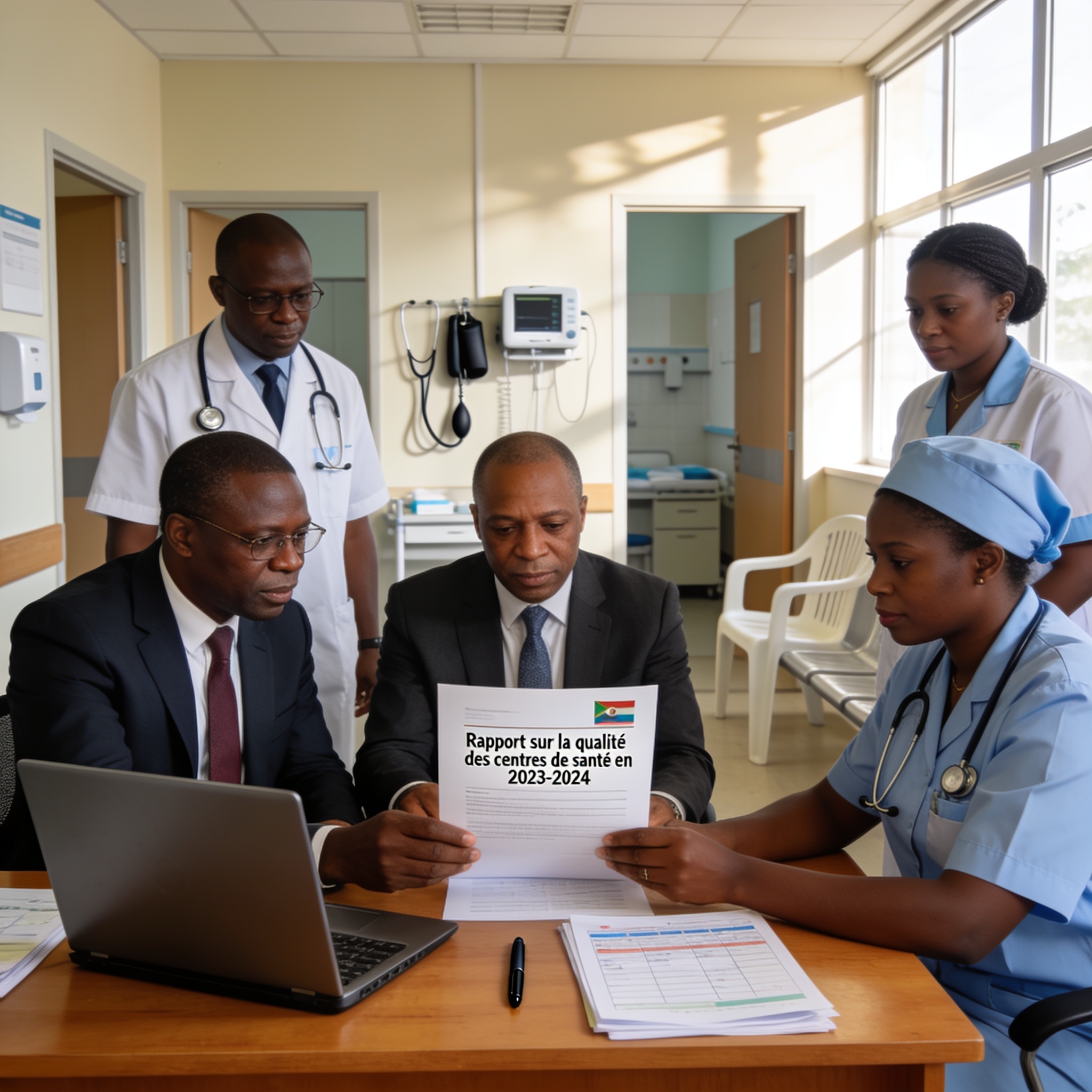 Create an editorial news illustration for an article about 'Congo : le rapport sur la qualité des centres de santé en 2023-2024 officiellement validé'. The specific country is Republique du Congo (Brazzaville) (CG); make visual cues accurate to this