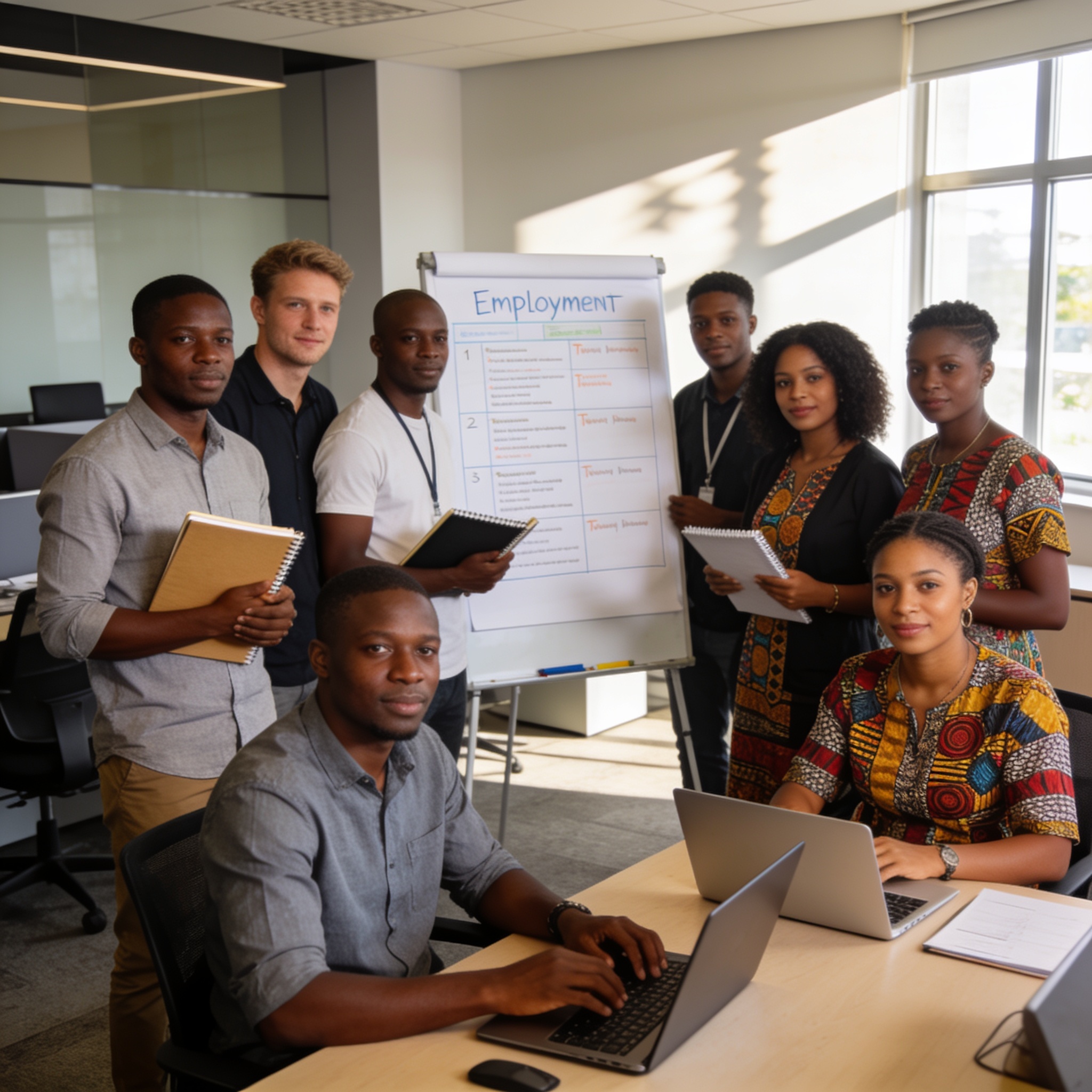 Create an editorial news illustration for an article about 'Congo : Plus de 6 400 volontaires prêts à booster l’emploi des jeunes'. The specific country is Republique du Congo (Brazzaville) (CG); make visual cues accurate to this exact country and av