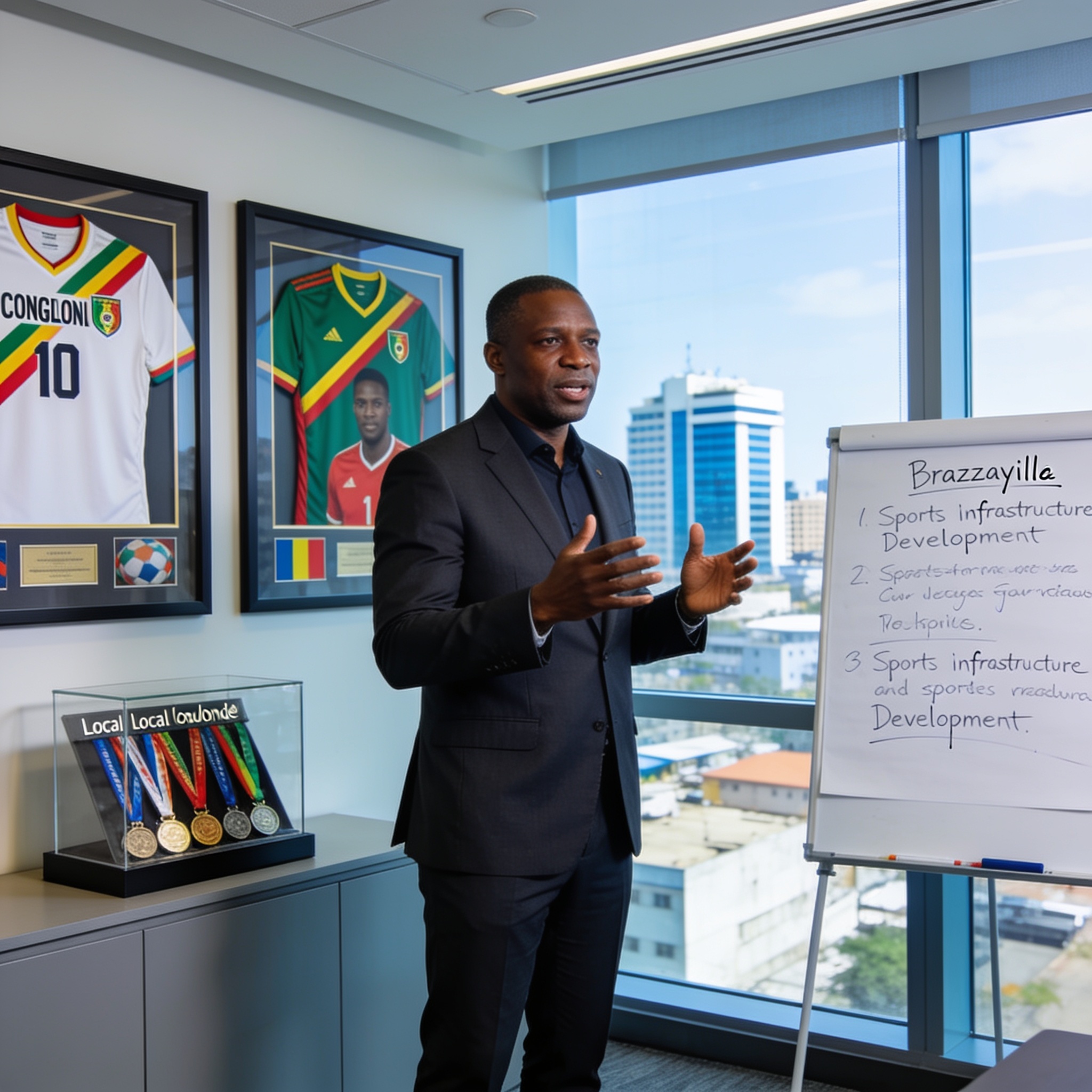 Create an editorial news illustration for an article about 'Congo/Sports : Hugues Ngouelondélé présente l’état des lieux du sport national'. The specific country is Republique du Congo (Brazzaville) (CG); make visual cues accurate to this exact count