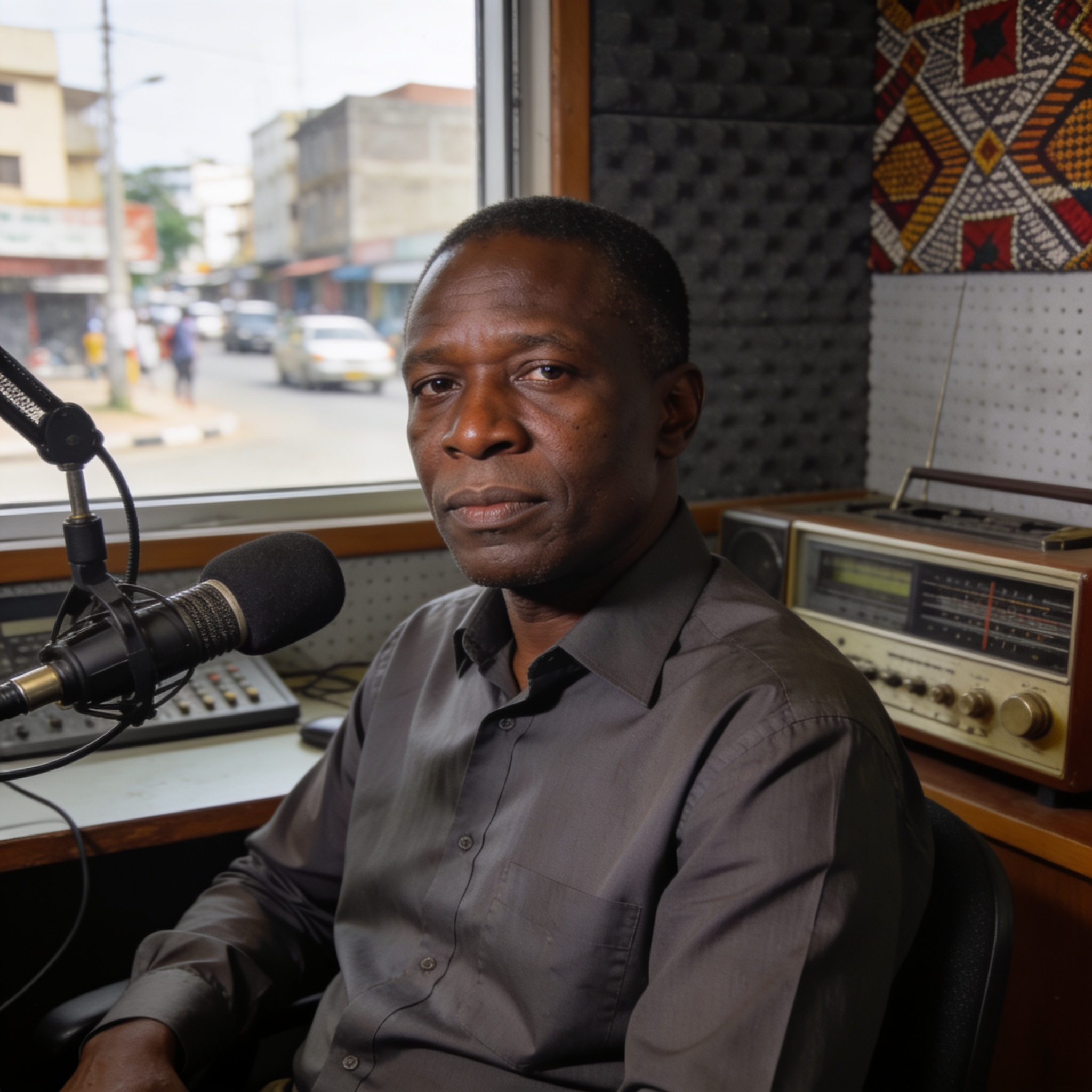Create an editorial news illustration for an article about 'Décès d’André Yabi Yabi : la radio congolaise perd sa voix emblématique'. The specific country is Republique du Congo (Brazzaville) (CG); make visual cues accurate to this exact country and