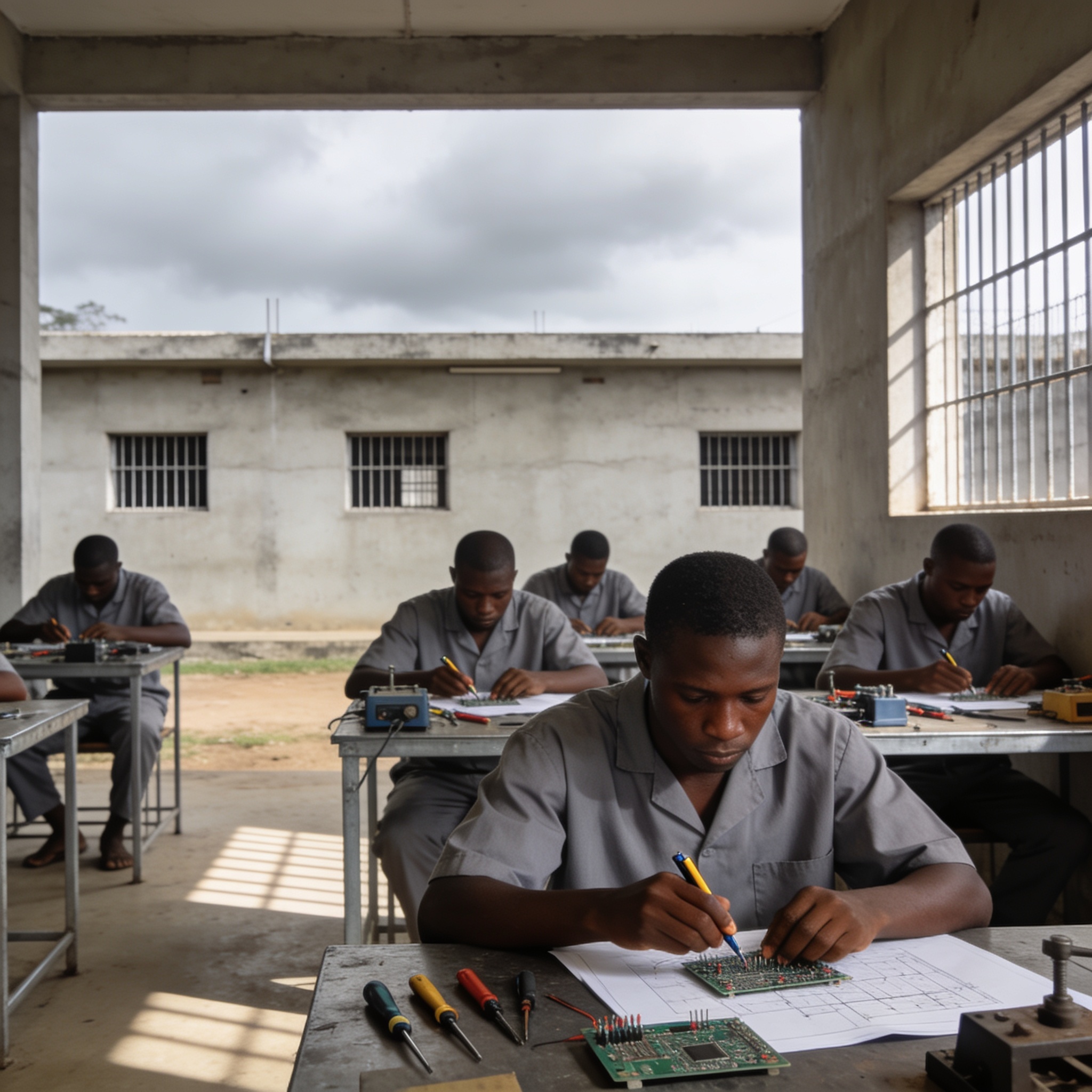 Create an editorial news illustration for an article about 'Détenus de Brazzaville : plaidoyer pour des examens techniques en prison'. The specific country is Republique du Congo (Brazzaville) (CG); make visual cues accurate to this exact country and