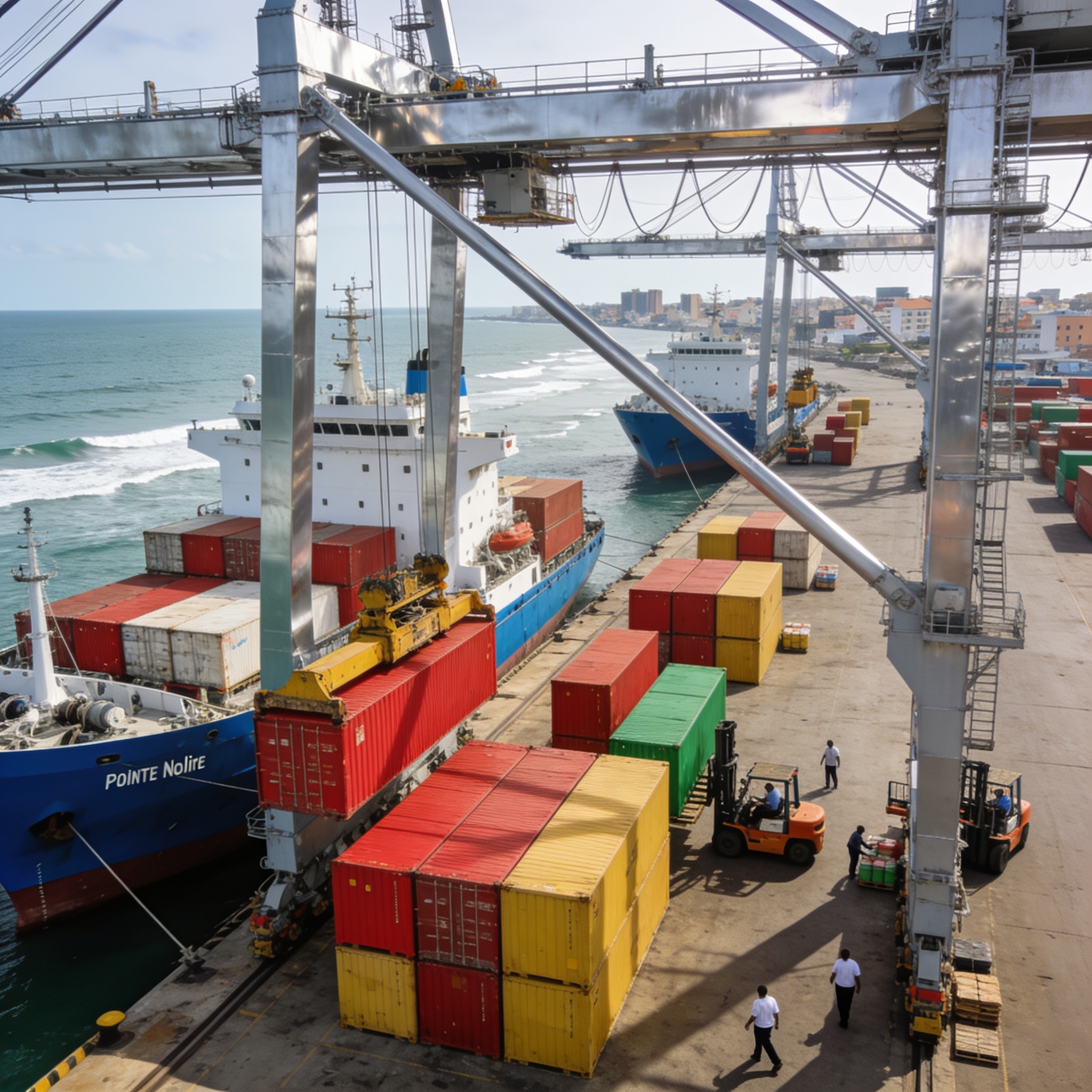 Create an editorial news illustration for an article about 'Détroit d’Ormuz : l’onde de choc de 2026 sur les ports africains et le rôle du Congo'. The specific country is Republique du Congo (Brazzaville) (CG); make visual cues accurate to this exact