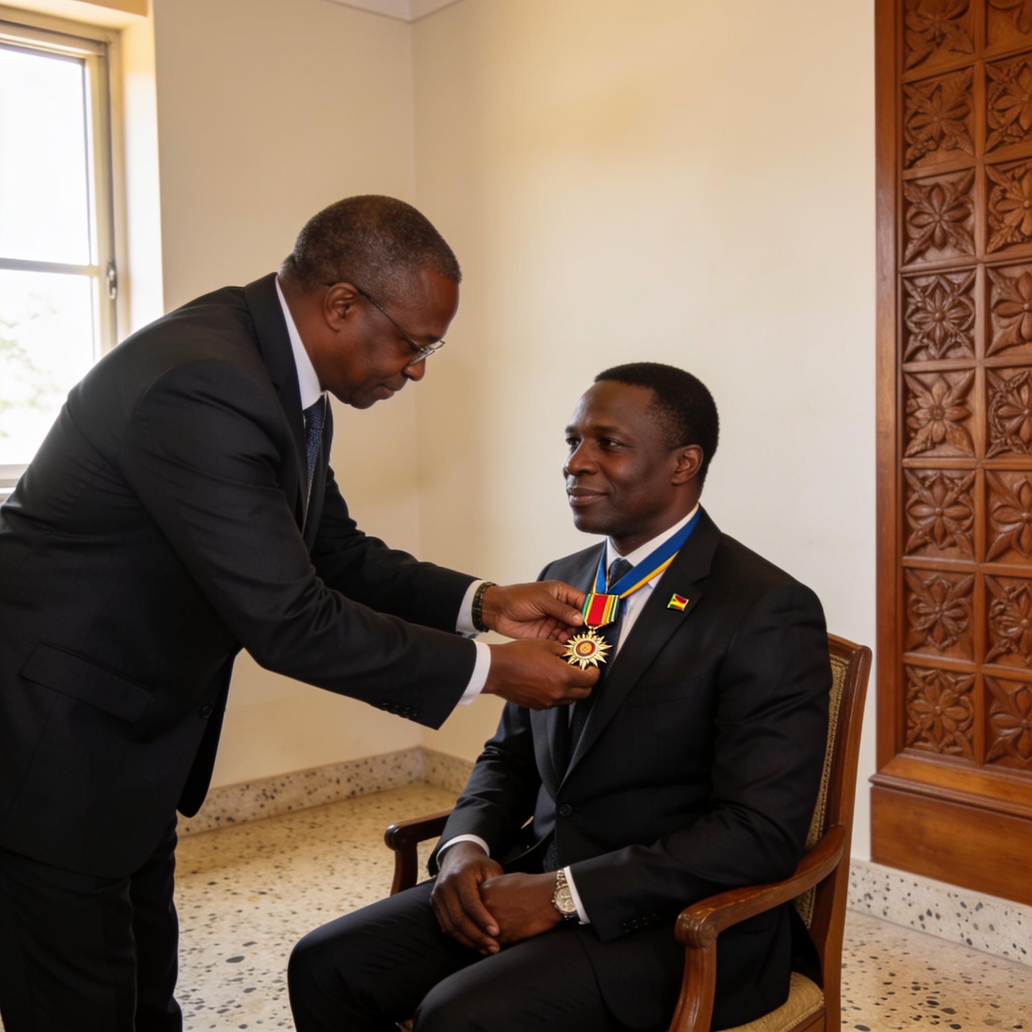 Create an editorial news illustration for an article about 'Distinction solennelle : Norbert Okiokoutina élevé au rang de Grand commandeur de l’ordre du mérite de la Cémac'. The specific country is Republique du Congo (Brazzaville) (CG); make visual