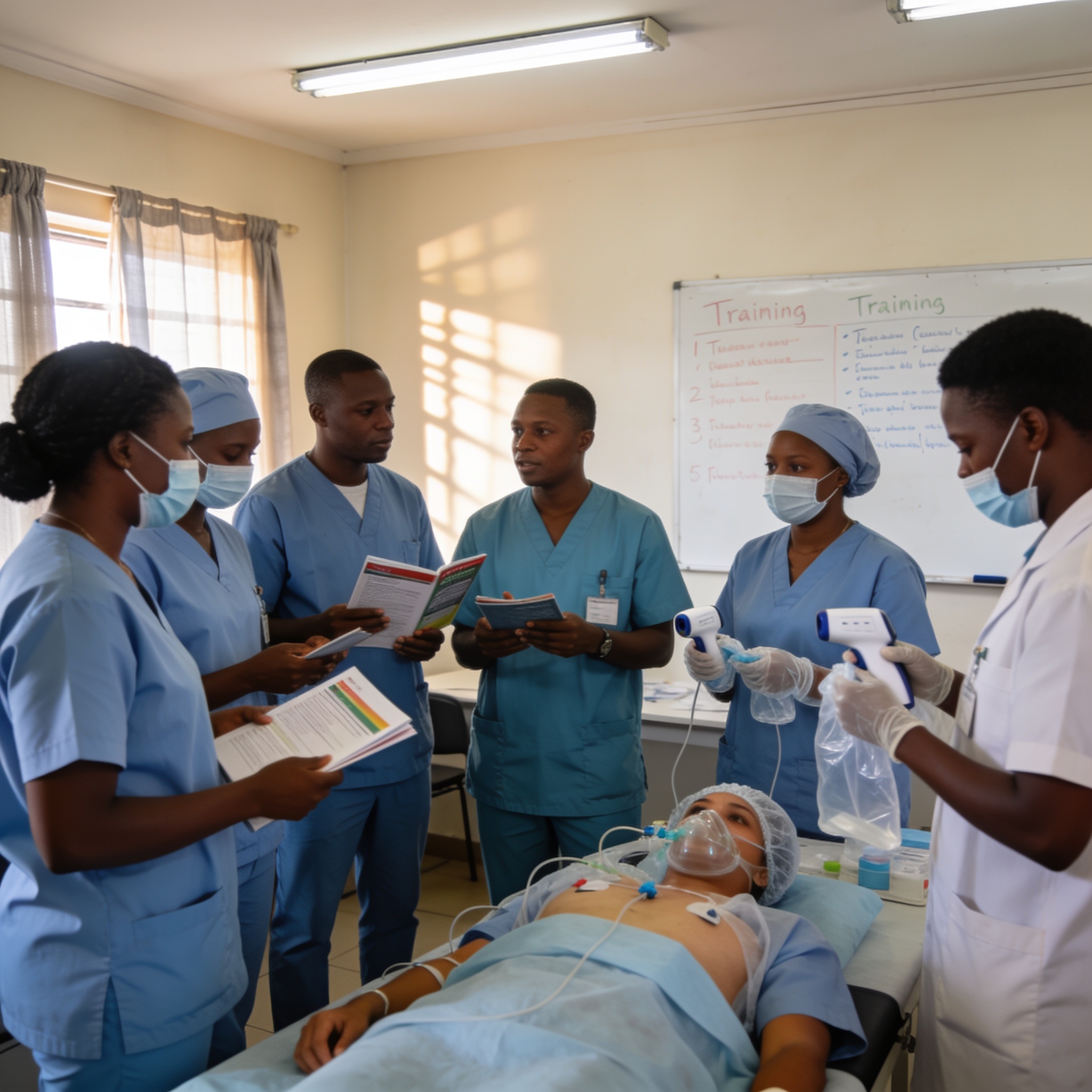 Create an editorial news illustration for an article about 'Ebola : le Congo renforce son dispositif de riposte par la formation des soignants'. The specific country is Republique du Congo (Brazzaville) (CG); make visual cues accurate to this exact c