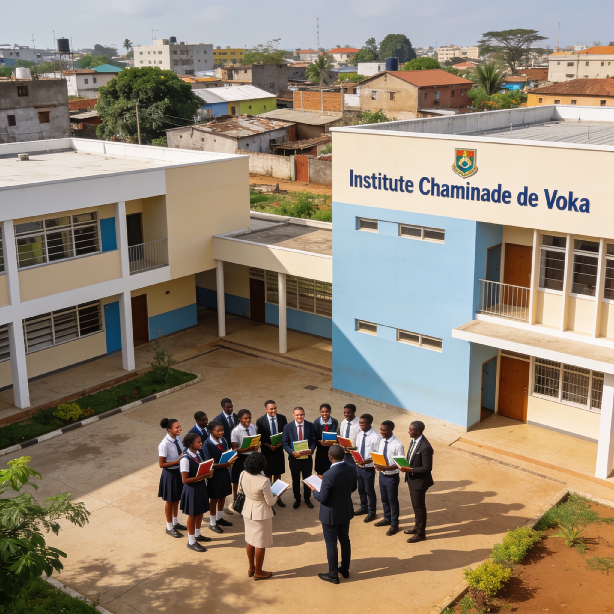 Create an editorial news illustration for an article about 'Éducation : l’Institut Chaminade de Voka célèbre 17 ans de réussite au cœur du Pool'. The specific country is Republique du Congo (Brazzaville) (CG); make visual cues accurate to this exact