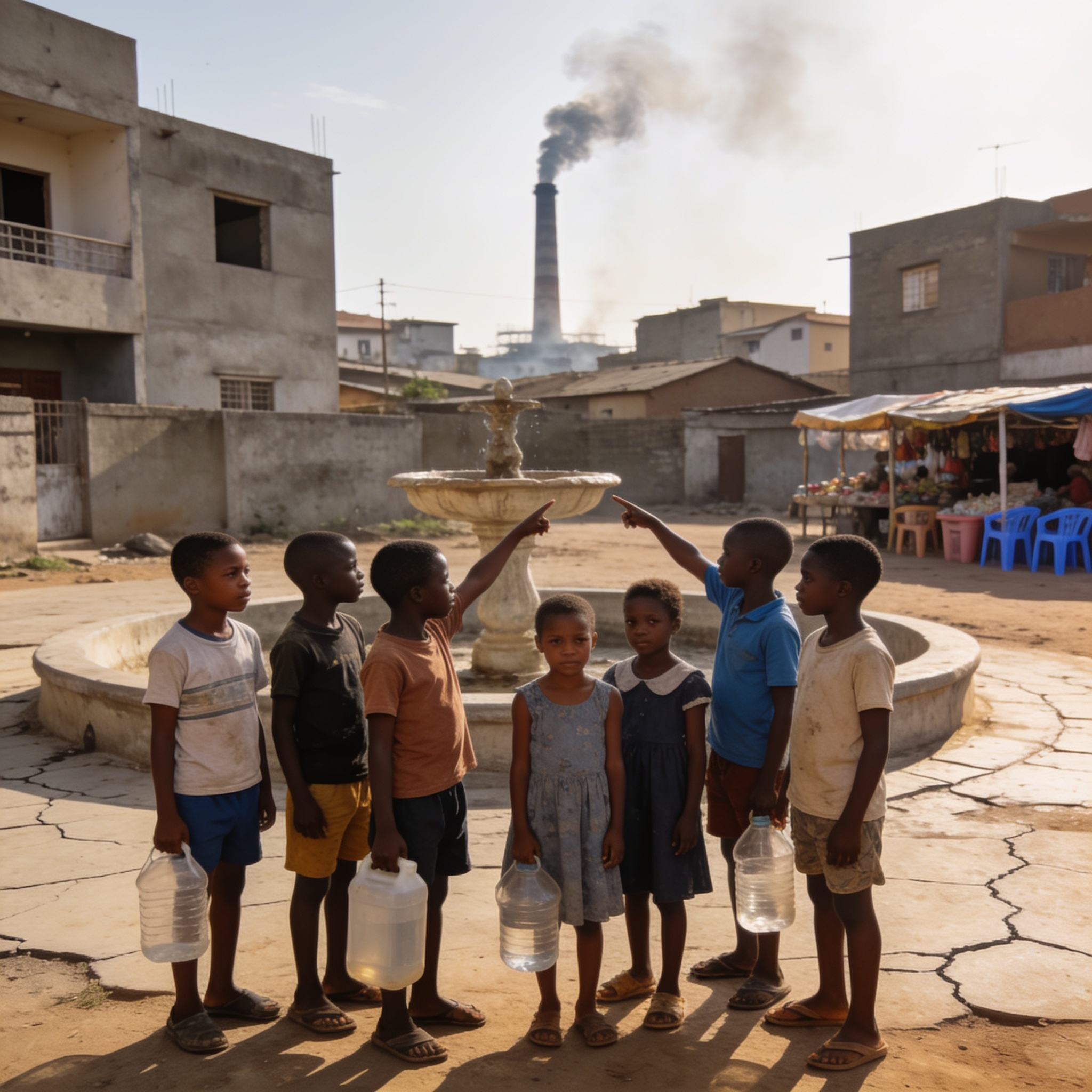 Create an editorial news illustration for an article about 'Enfants et climat : 1,1 milliard de jeunes vies menacées, le Congo aussi concerné'. The specific country is Republique du Congo (Brazzaville) (CG); make visual cues accurate to this exact co