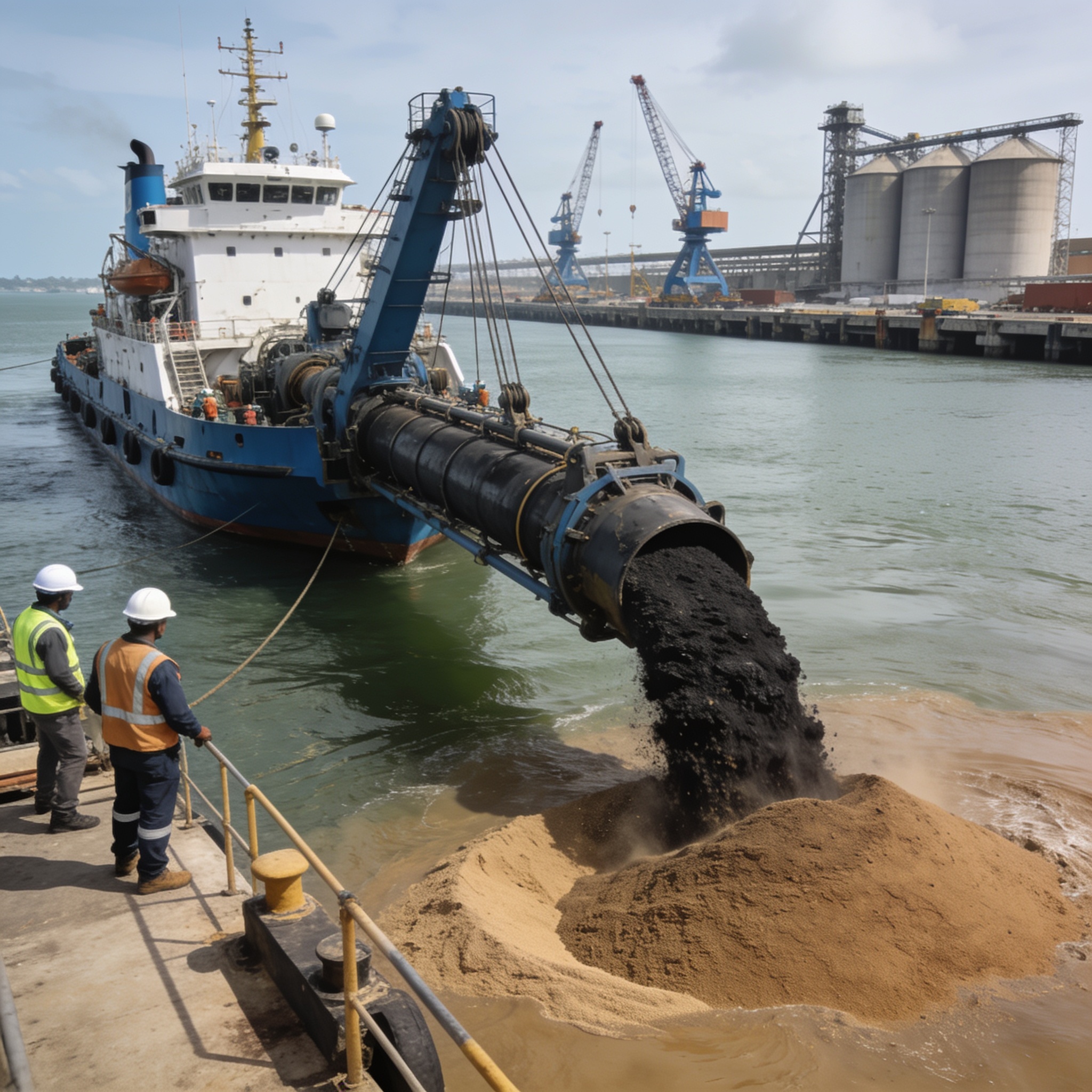 Create an editorial news illustration for an article about 'Extension du Môle Est : Congo Terminal adopte un dragage innovant pour vaincre les sables bitumineux'. The specific country is Republique du Congo (Brazzaville) (CG); make visual cues accura