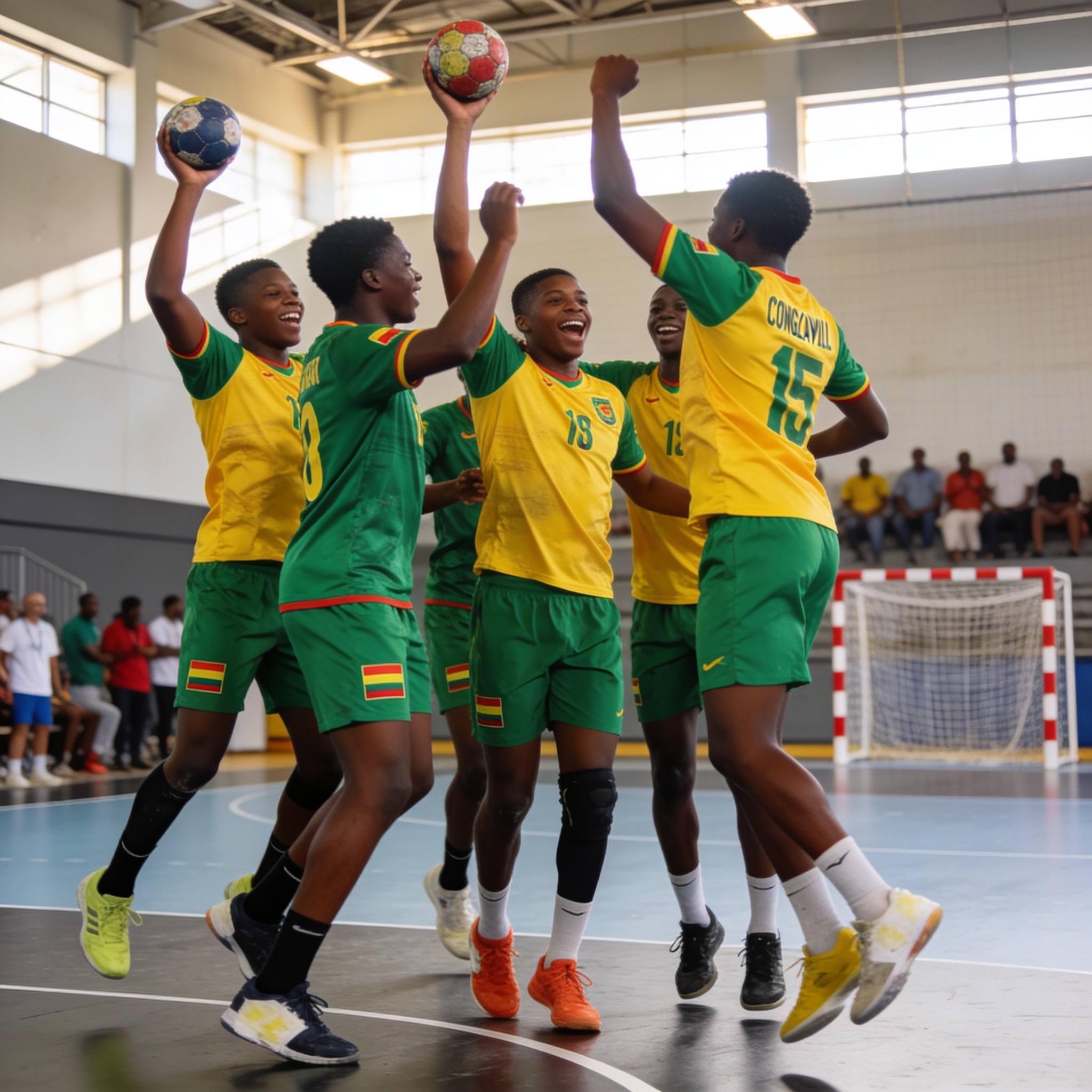 Create an editorial news illustration for an article about 'Handball : Les Diables Rouges cadets et juniors qualifiés pour les Coupes d’Afrique des nations'. The specific country is Republique du Congo (Brazzaville) (CG); make visual cues accurate to