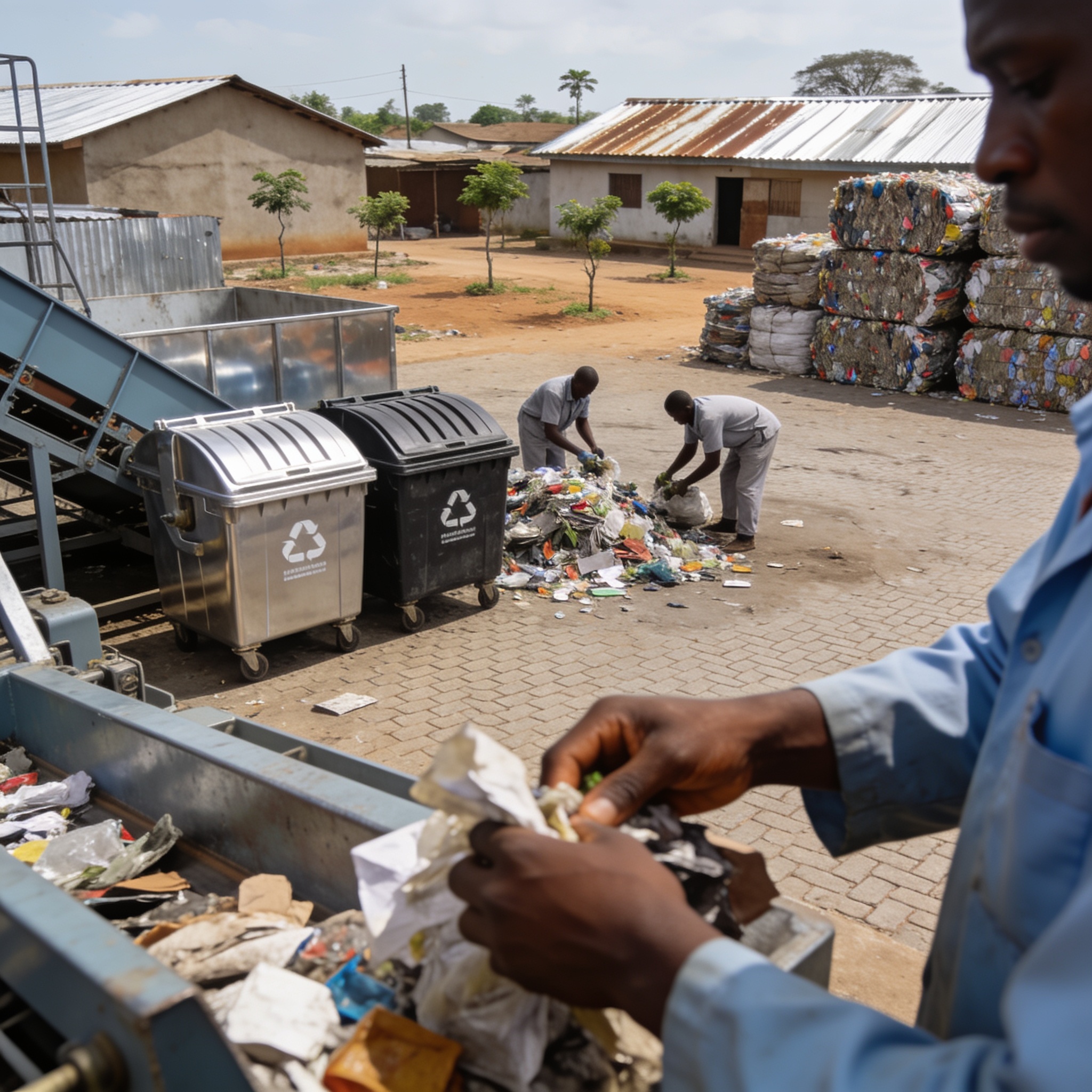 Create an editorial news illustration for an article about 'Induco lance un projet de recyclage à Djiri : 3000 emplois indirects en perspective'. The specific country is Republique du Congo (Brazzaville) (CG); make visual cues accurate to this exact