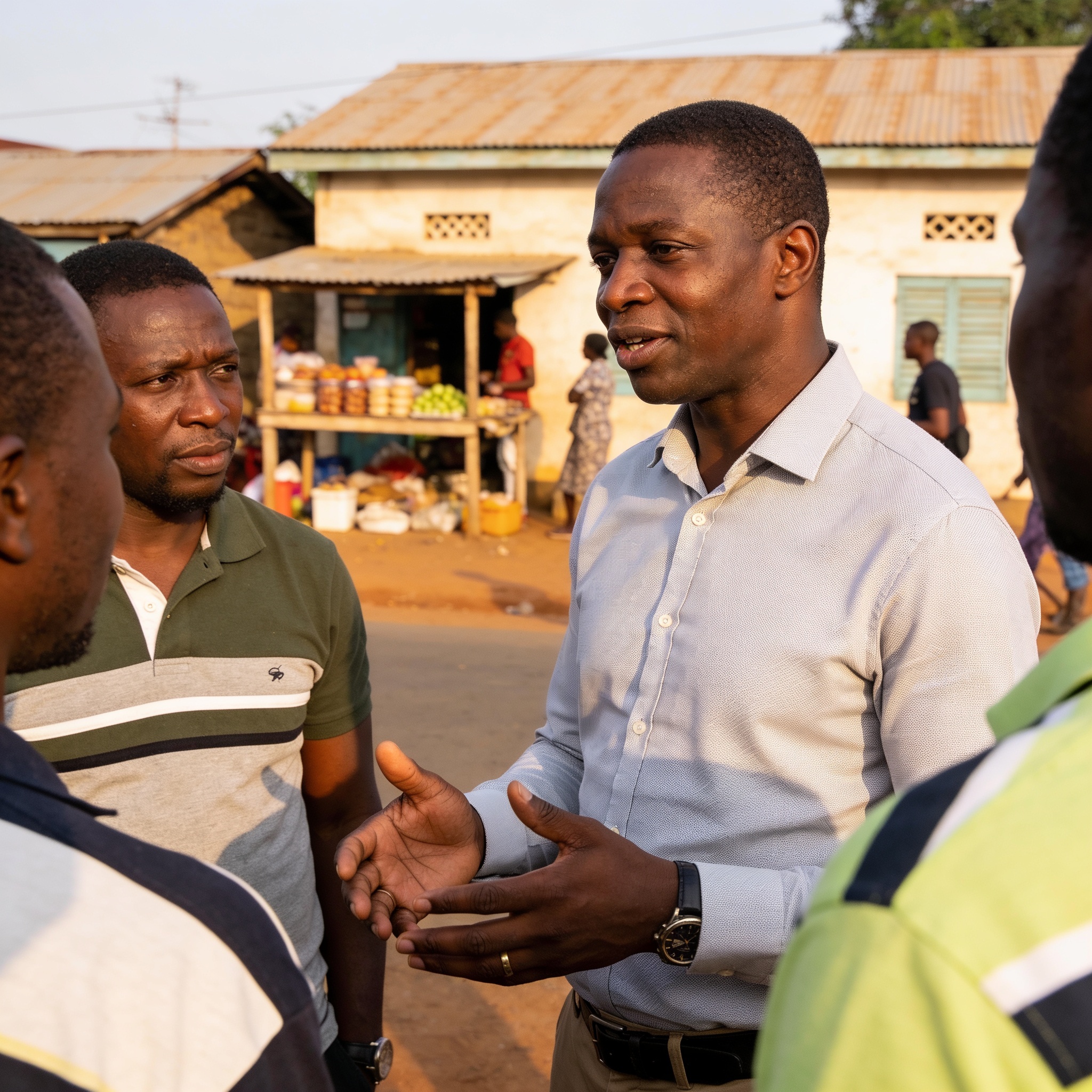 Create an editorial news illustration for an article about 'Likouala : Jean Pascal Koumba tire la sonnette d’alarme sur l’insécurité et la hausse des prix'. The specific country is Republique du Congo (Brazzaville) (CG); make visual cues accurate to