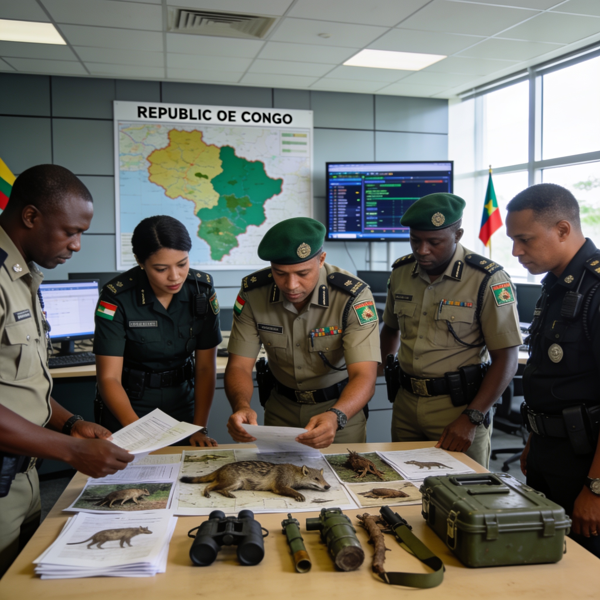 Create an editorial news illustration for an article about 'Lutte contre la criminalité faunique : le Congo évalue ses capacités de riposte'. The specific country is Republique du Congo (Brazzaville) (CG); make visual cues accurate to this exact coun