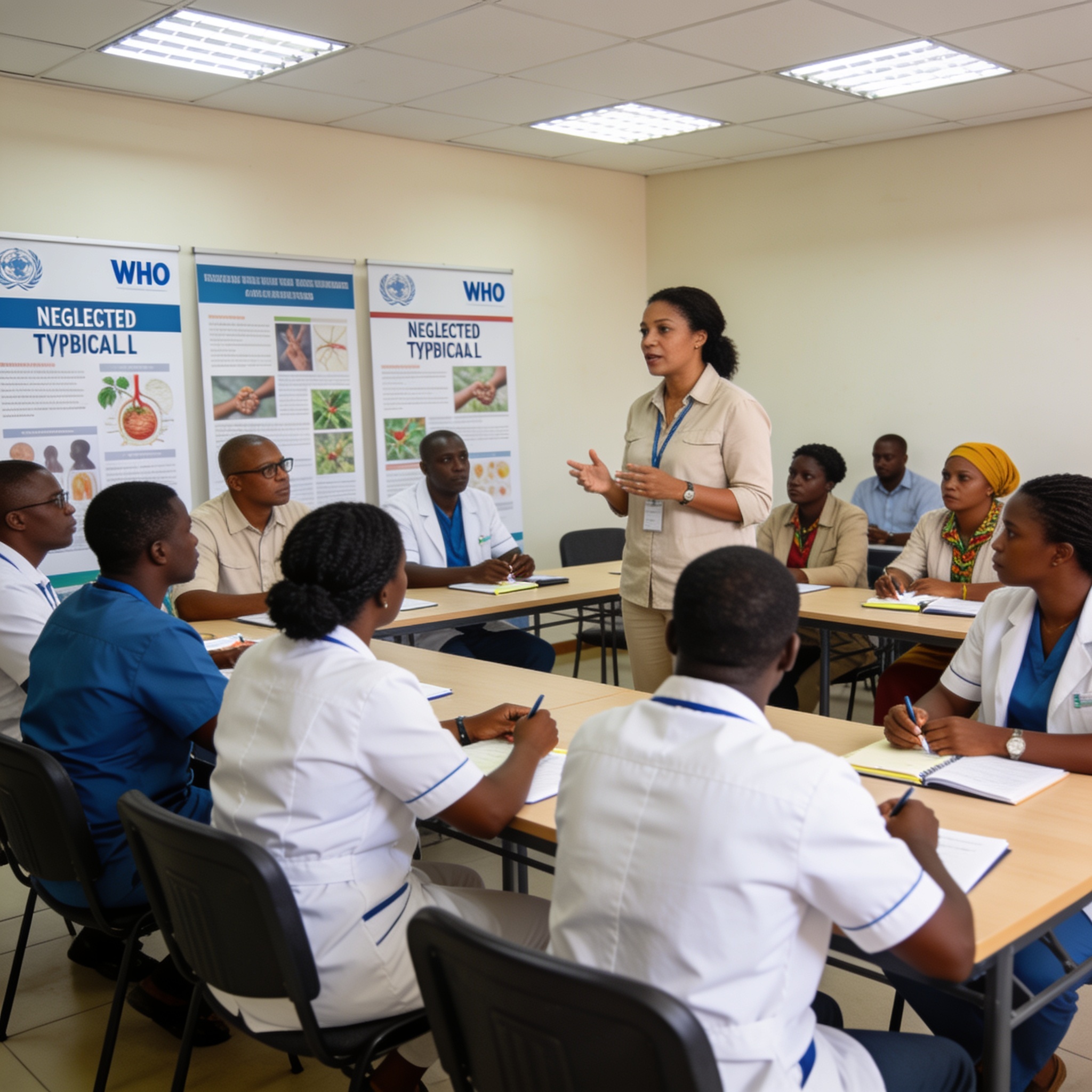 Create an editorial news illustration for an article about "Lutte contre les maladies tropicales négligées : Brazzaville accueille une formation inédite de l'OMS". The specific country is Republique du Congo (Brazzaville) (CG); make visual cues accur