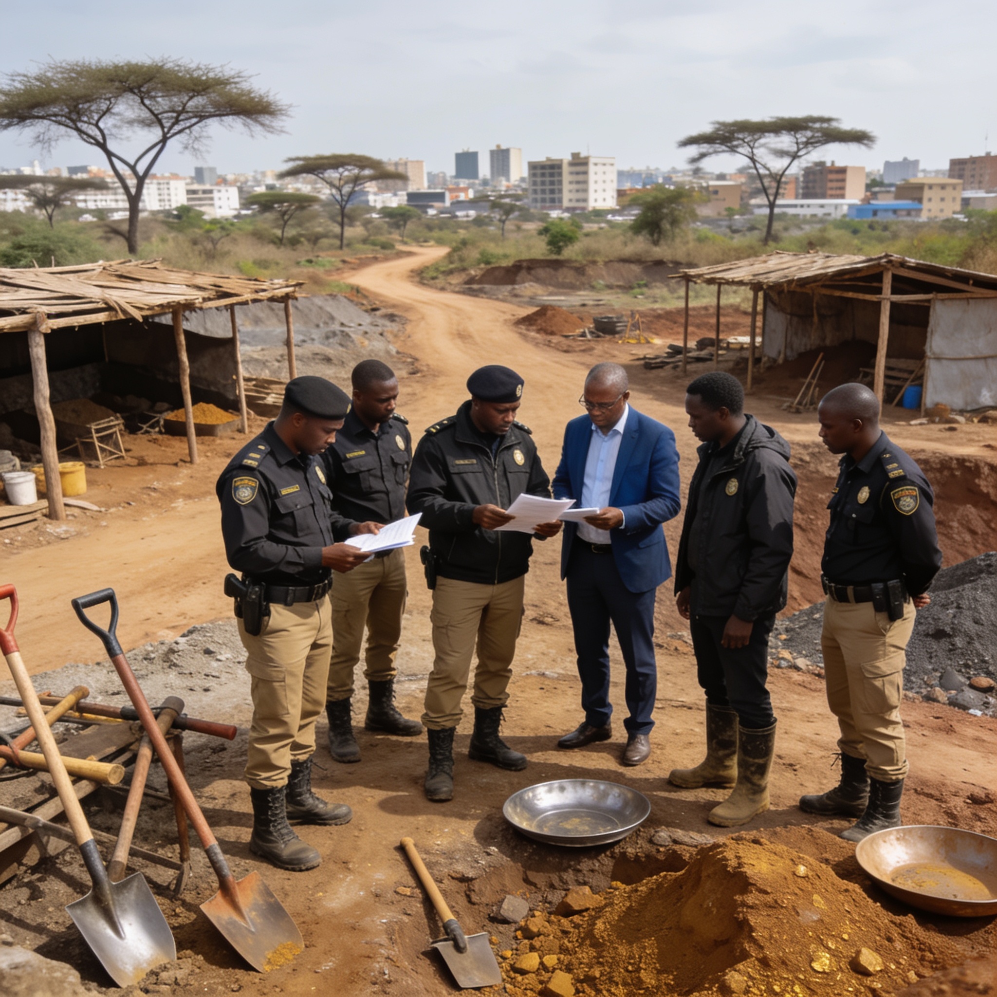 Create an editorial news illustration for an article about 'Lutte contre l’exploitation sauvage de l’or : Sassou N’Guesso crée une task force d’urgence'. The specific country is Republique du Congo (Brazzaville) (CG); make visual cues accurate to thi