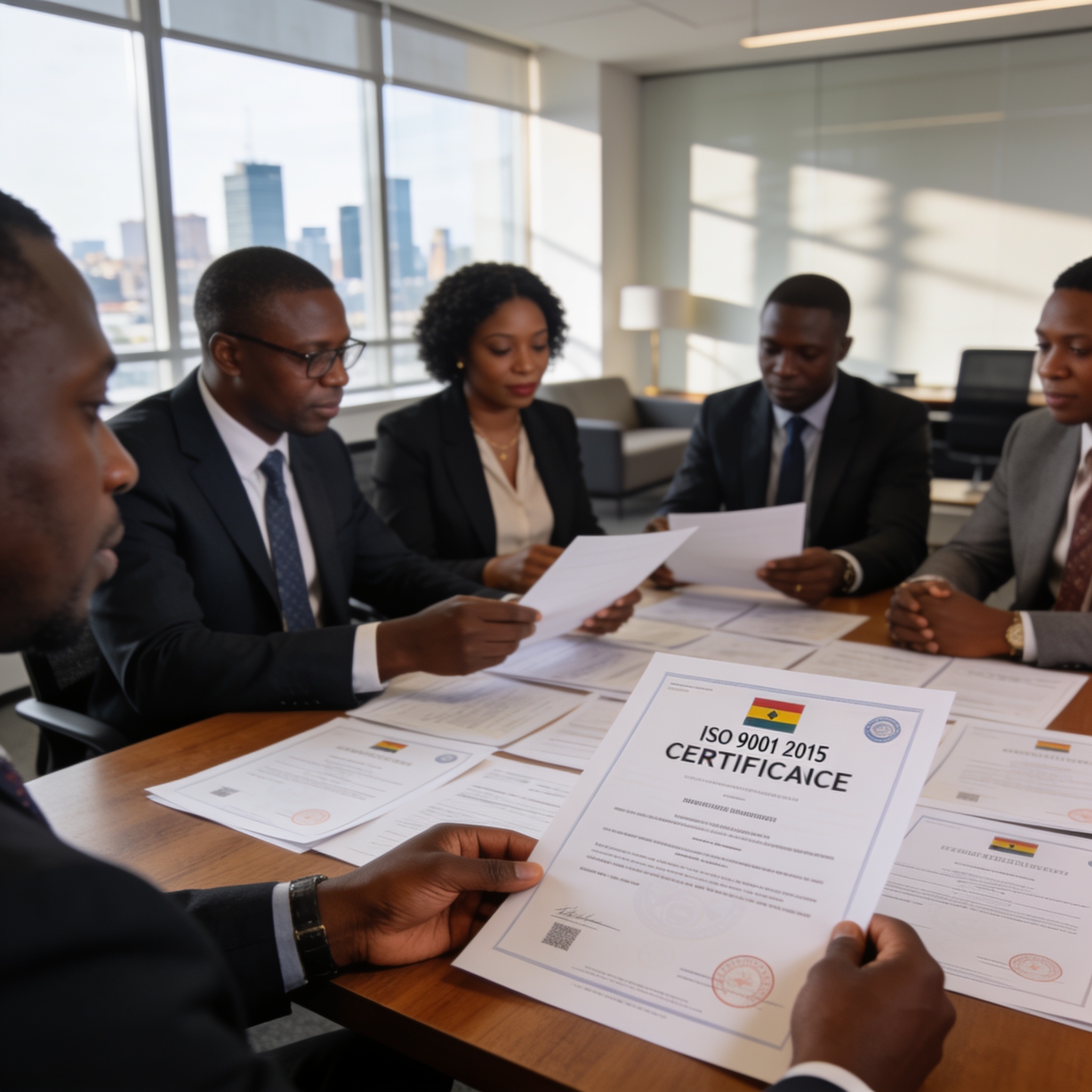 Create an editorial news illustration for an article about 'Microfinance : Les Mucodec décrochent la certification ISO 9001:2015'. The specific country is Republique du Congo (Brazzaville) (CG); make visual cues accurate to this exact country and avo