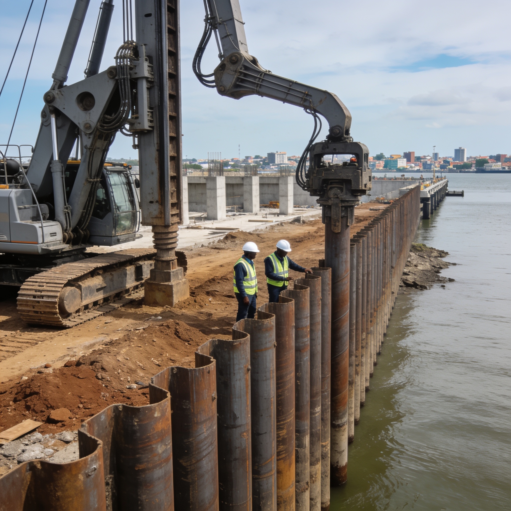Create an editorial news illustration for an article about 'Môle Est : Congo Terminal achève le battage de 558 pieux géants pour le futur quai'. The specific country is Republique du Congo (Brazzaville) (CG); make visual cues accurate to this exact c
