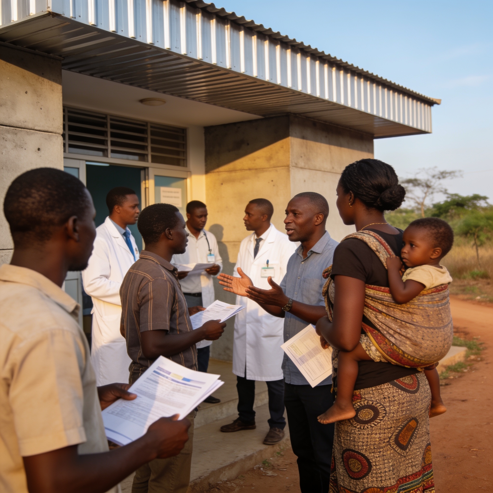 Create an editorial news illustration for an article about 'Mutuelle des travailleurs congolais : un plaidoyer pour renforcer l’accès aux soins'. The specific country is Republique du Congo (Brazzaville) (CG); make visual cues accurate to this exact
