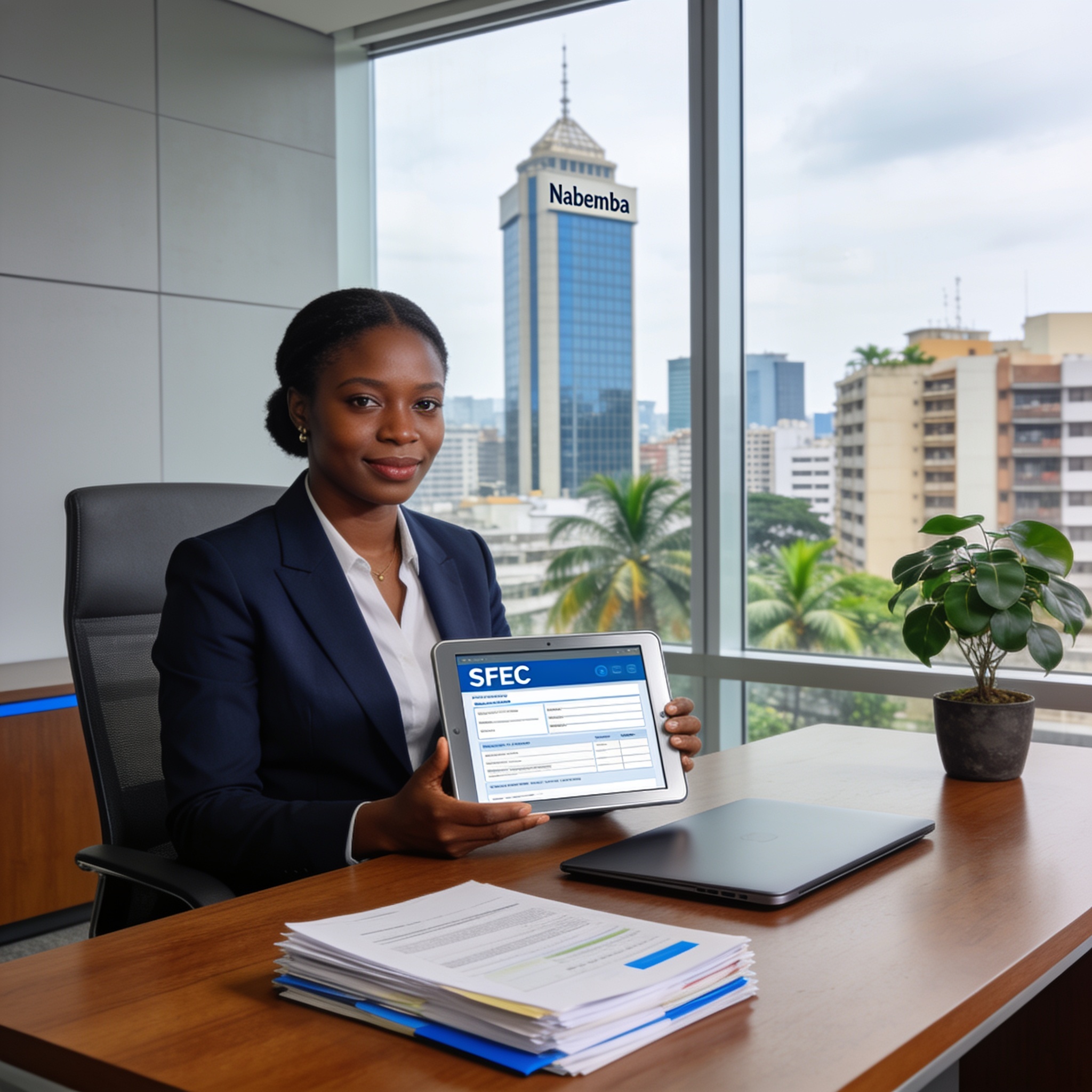 Create an editorial news illustration for an article about 'Numérisation fiscale au Congo : l’interconnexion au SFEC devient obligatoire pour les entreprises'. The specific country is Republique du Congo (Brazzaville) (CG); make visual cues accurate