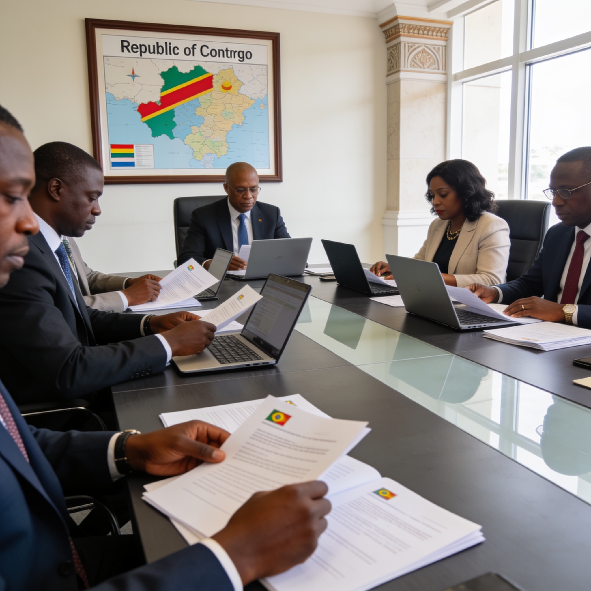 Create an editorial news illustration for an article about 'Partenariat Congo-CAFI : la stratégie 2026-2035 adoptée après la revue annuelle'. The specific country is Republique du Congo (Brazzaville) (CG); make visual cues accurate to this exact coun