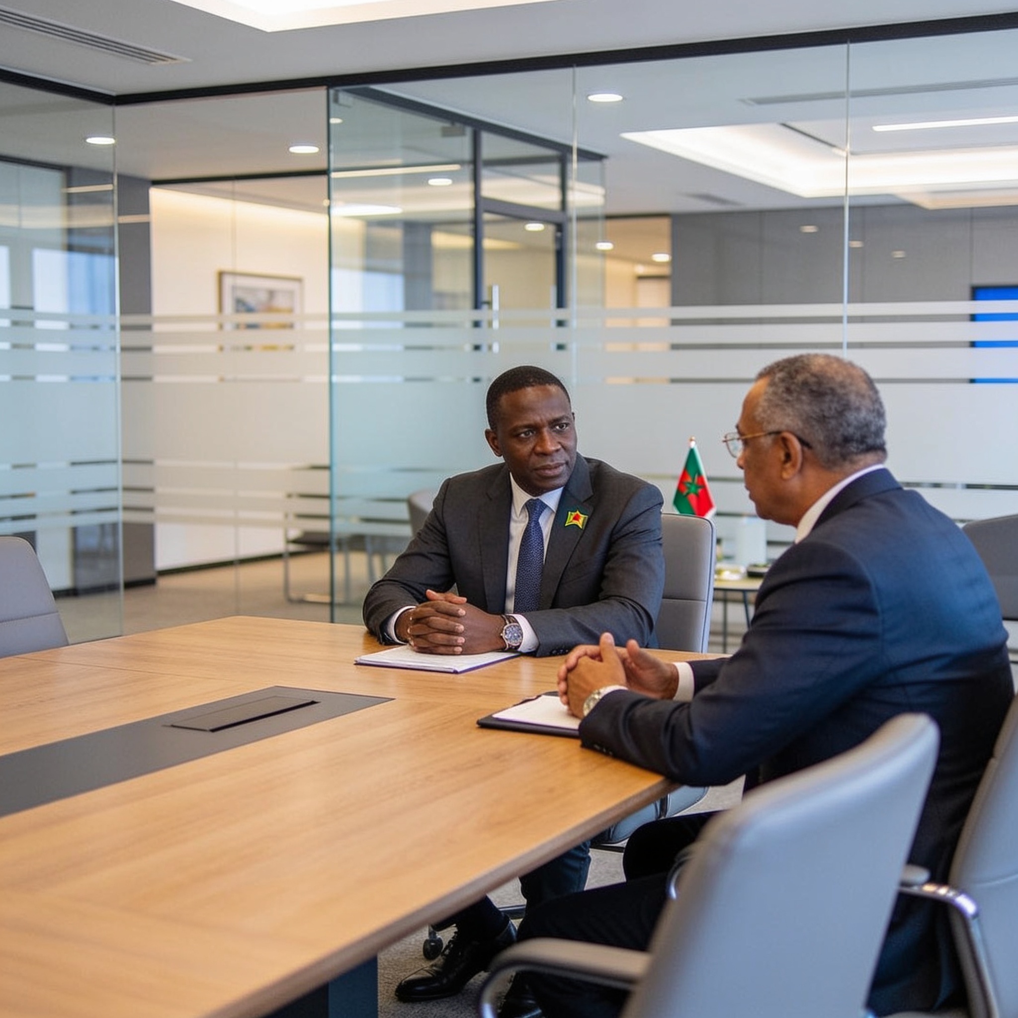 Create an editorial news illustration for an article about 'Pierre Ngolo et l’ambassadrice du Maroc s’engagent pour une coopération parlementaire renforcée'. The specific country is Republique du Congo (Brazzaville) (CG); make visual cues accurate to