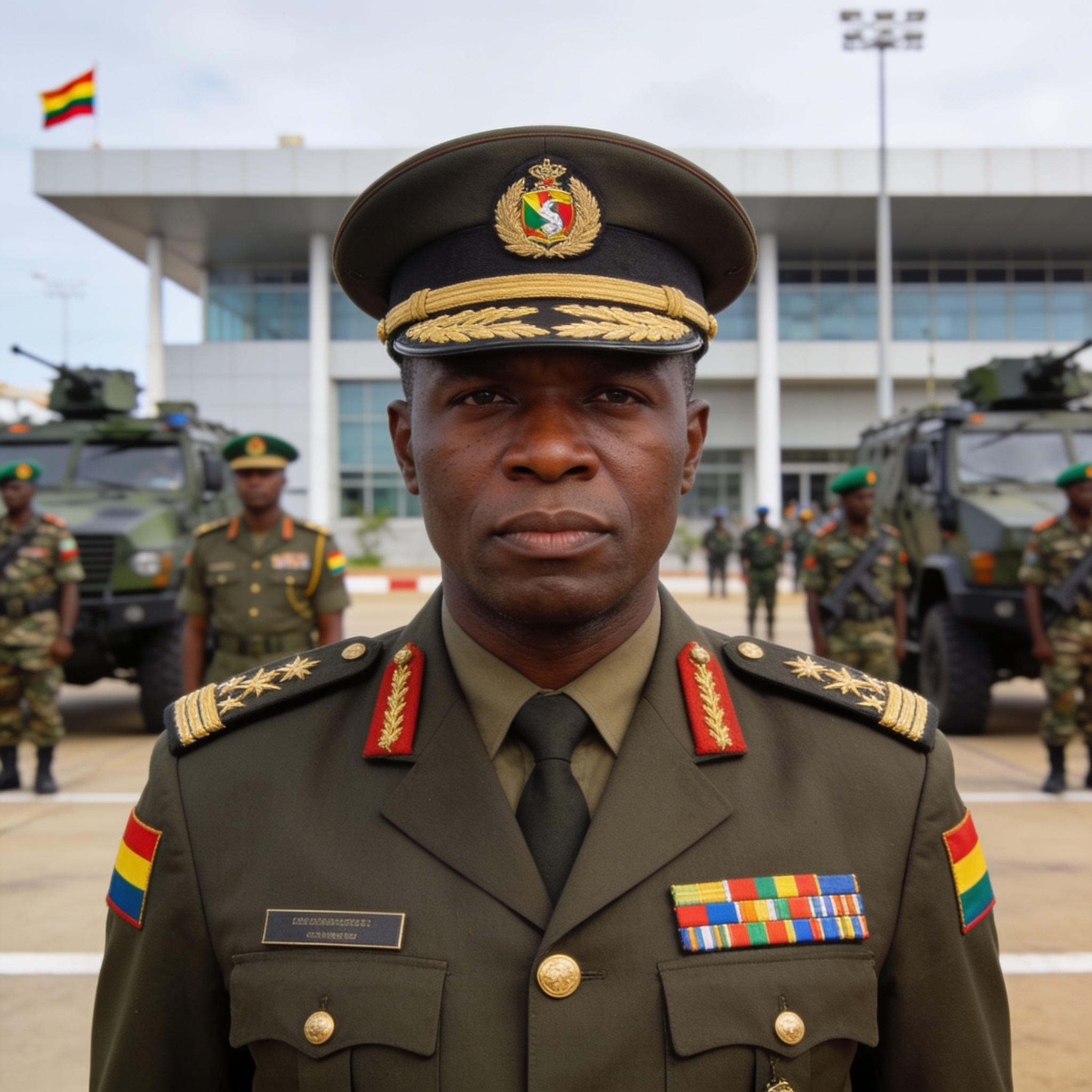 Create an editorial news illustration for an article about 'Pointe-Noire : le colonel-major Nianga prend le commandement de la Zone militaire de défense n°1'. The specific country is Republique du Congo (Brazzaville) (CG); make visual cues accurate t
