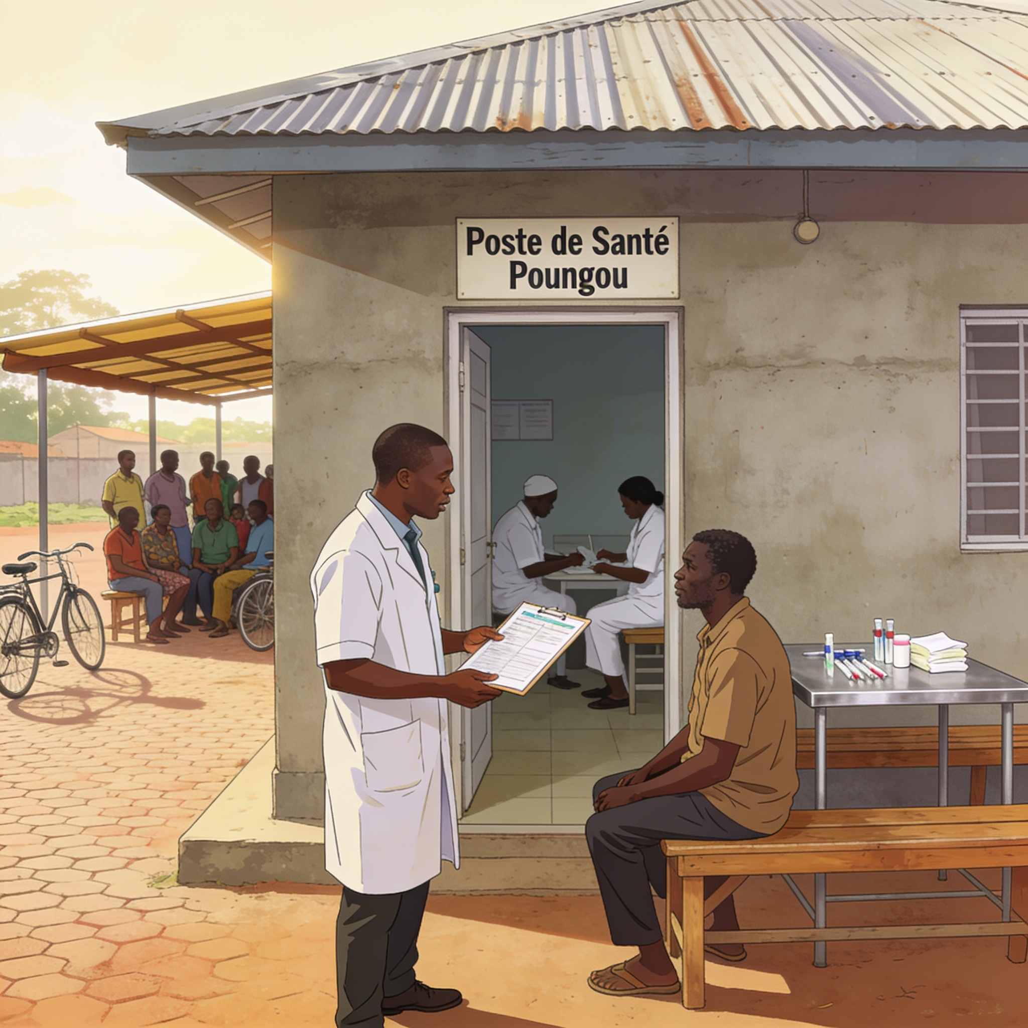 Create an editorial news illustration for an article about 'Poungou : Anicet Doumangoyi offre un nouveau souffle au poste de santé'. The specific country is Republique du Congo (Brazzaville) (CG); make visual cues accurate to this exact country and a