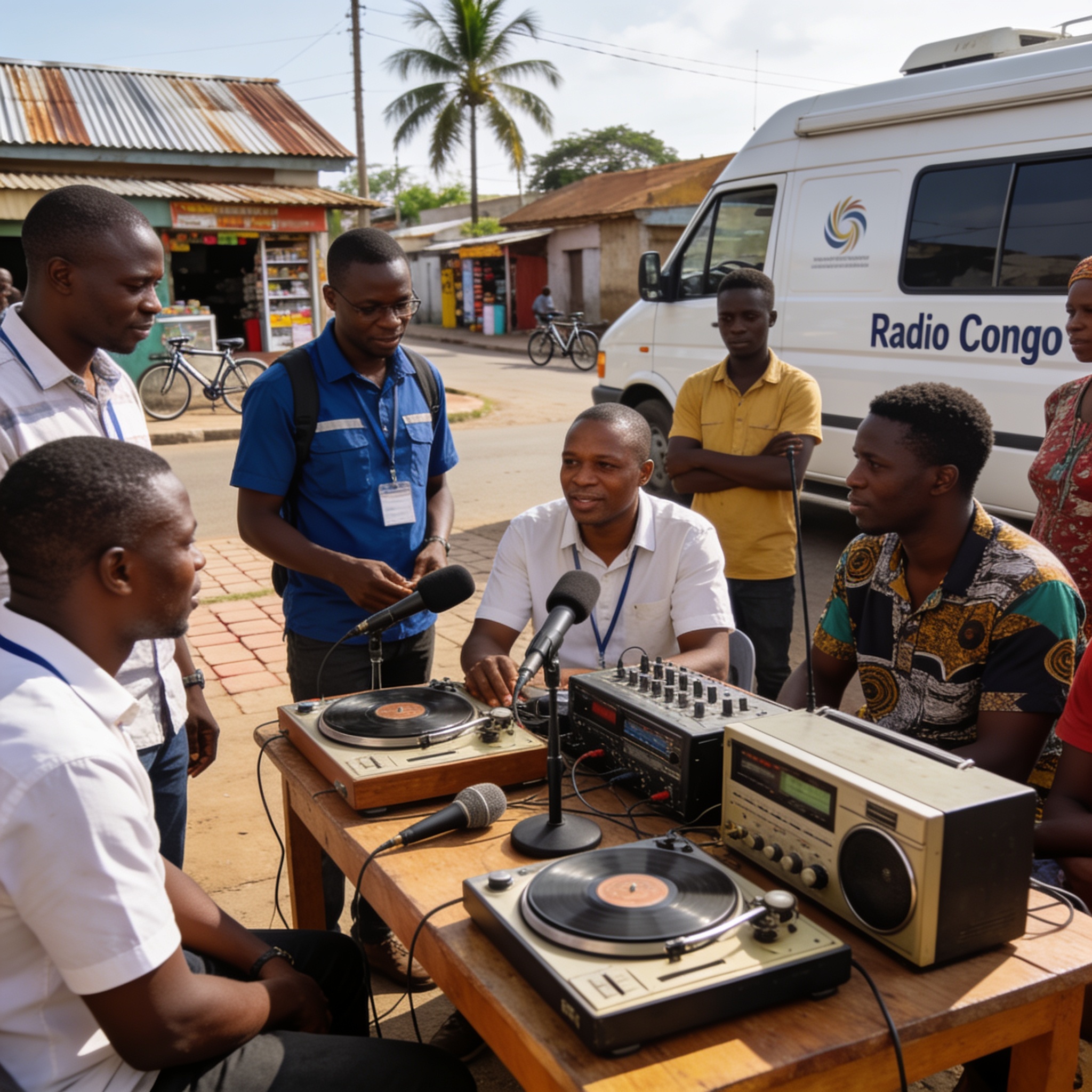 Create an editorial news illustration for an article about 'Radio Congo célèbre 66 ans de proximité au cœur d’Owando'. The specific country is Republique du Congo (Brazzaville) (CG); make visual cues accurate to this exact country and avoid flags or
