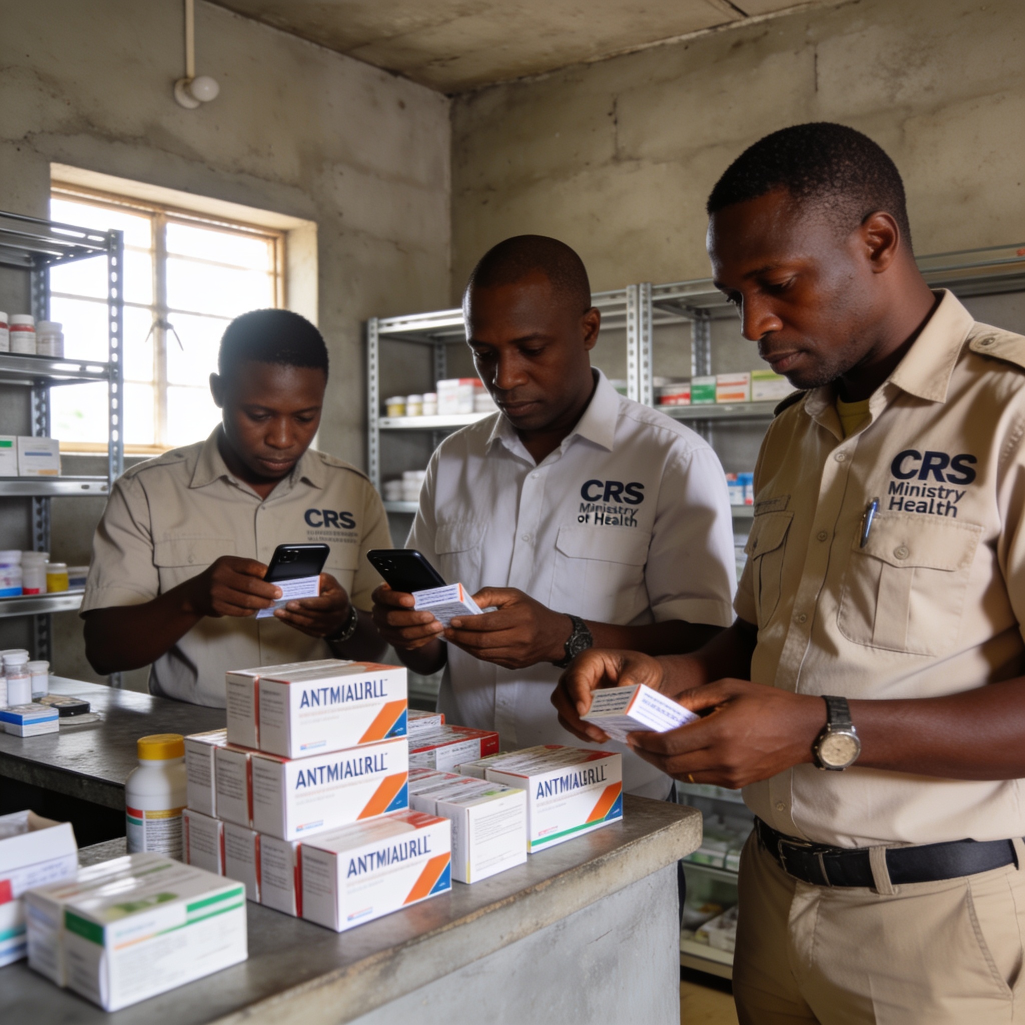 Create an editorial news illustration for an article about 'Sécurité des antipaludiques : le CRS et le ministère de la Santé traquent les faux médicaments jusqu’au dernier kilomètre'. The specific country is Republique du Congo (Brazzaville) (CG); ma