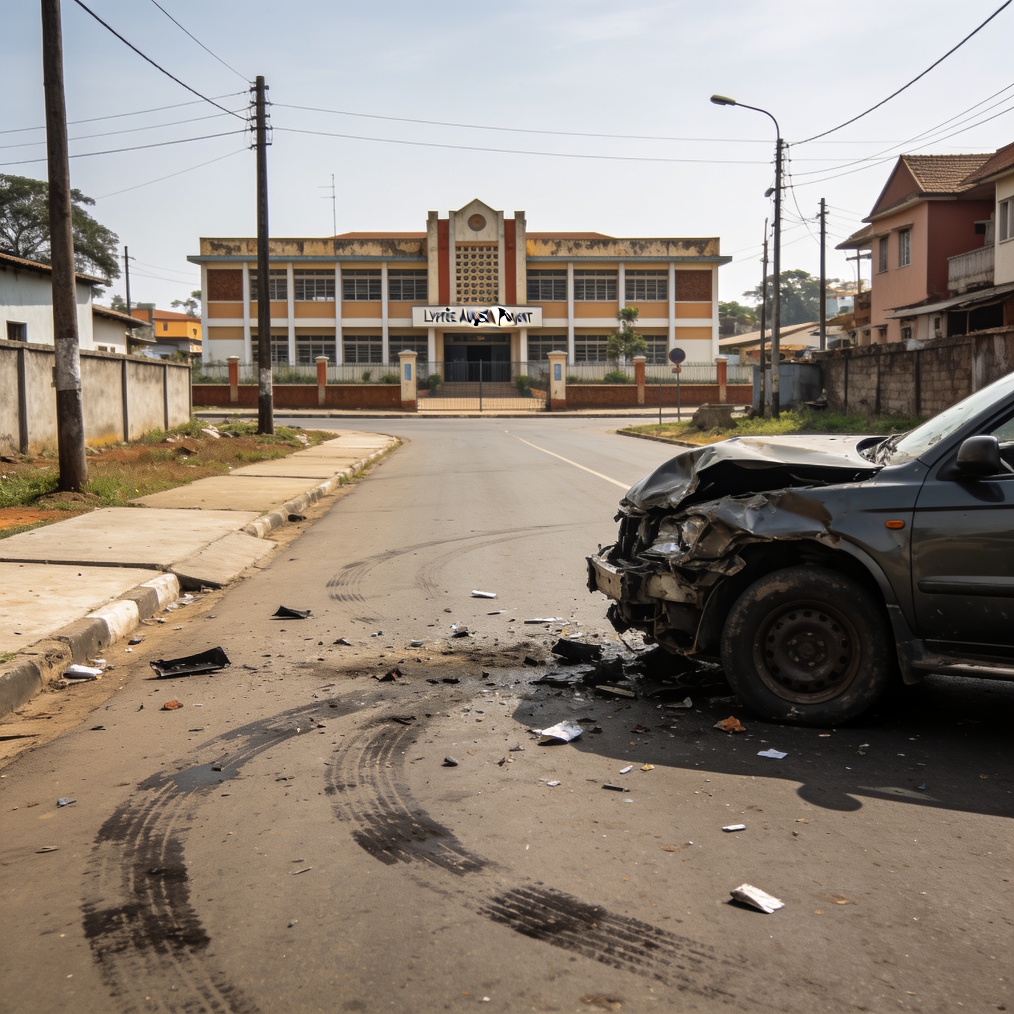 Create an editorial news illustration for an article about 'Tragédie à Brazzaville : quatre morts dans un accident de la route près du lycée Augustin Poignet'. The specific country is Republique du Congo (Brazzaville) (CG); make visual cues accurate