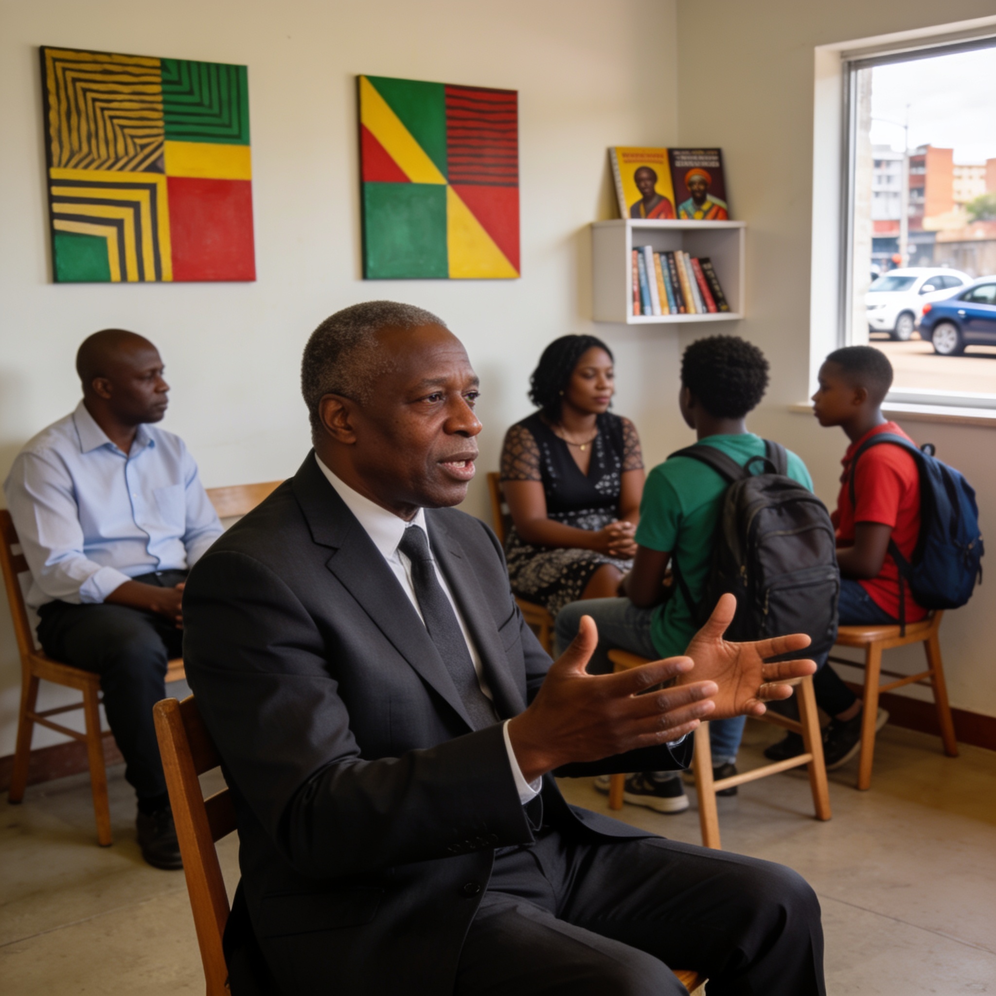 Create an editorial news illustration for an article about 'Achille Mbembe brise le silence sur l’afrophobie en Afrique du Sud : une menace pour la diaspora congolaise'. The specific country is Republiqe du Congo (CG); make visual cues accurate to th