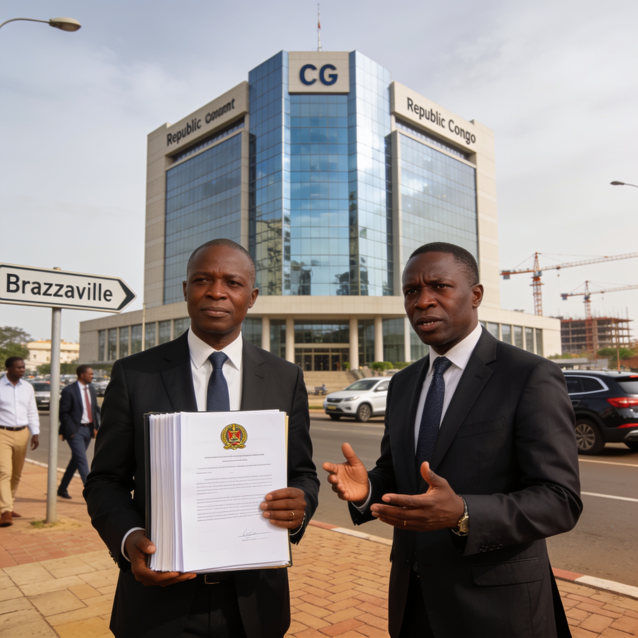 Create an editorial news illustration for an article about 'Afrique centrale : le Cameroun condamné à payer 616 millions de dollars et le Tchad se retire de la CPI'. The specific country is Republiqe du Congo (CG); make visual cues accurate to this e