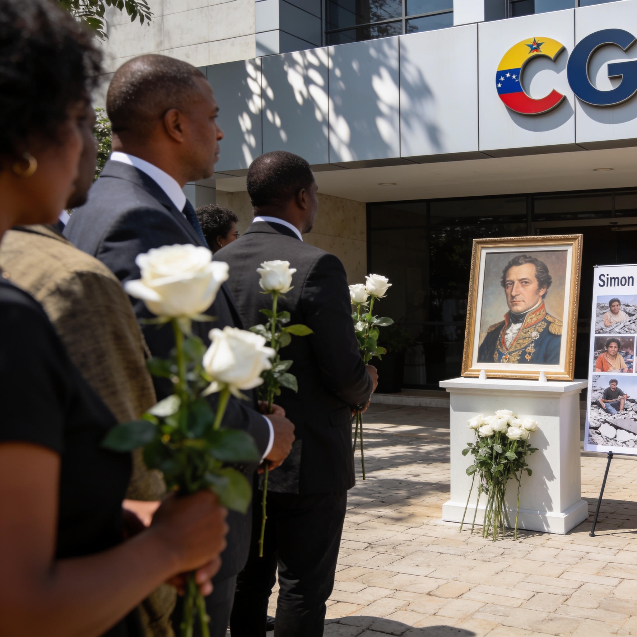 Create an editorial news illustration for an article about 'Ambassade du Venezuela au Congo : Un double hommage à Simón Bolívar et aux victimes du séisme'. The specific country is Republiqe du Congo (CG); make visual cues accurate to this exact count
