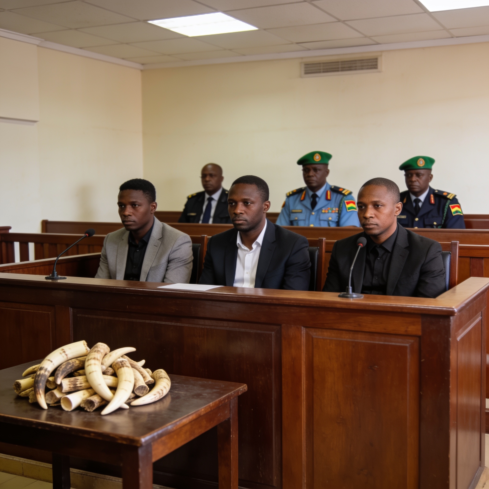 Create an editorial news illustration for an article about 'Braconnage dans les Plateaux : trois trafiquants d’ivoire condamnés à de lourdes peines'. The specific country is Republiqe du Congo (CG); make visual cues accurate to this exact country and