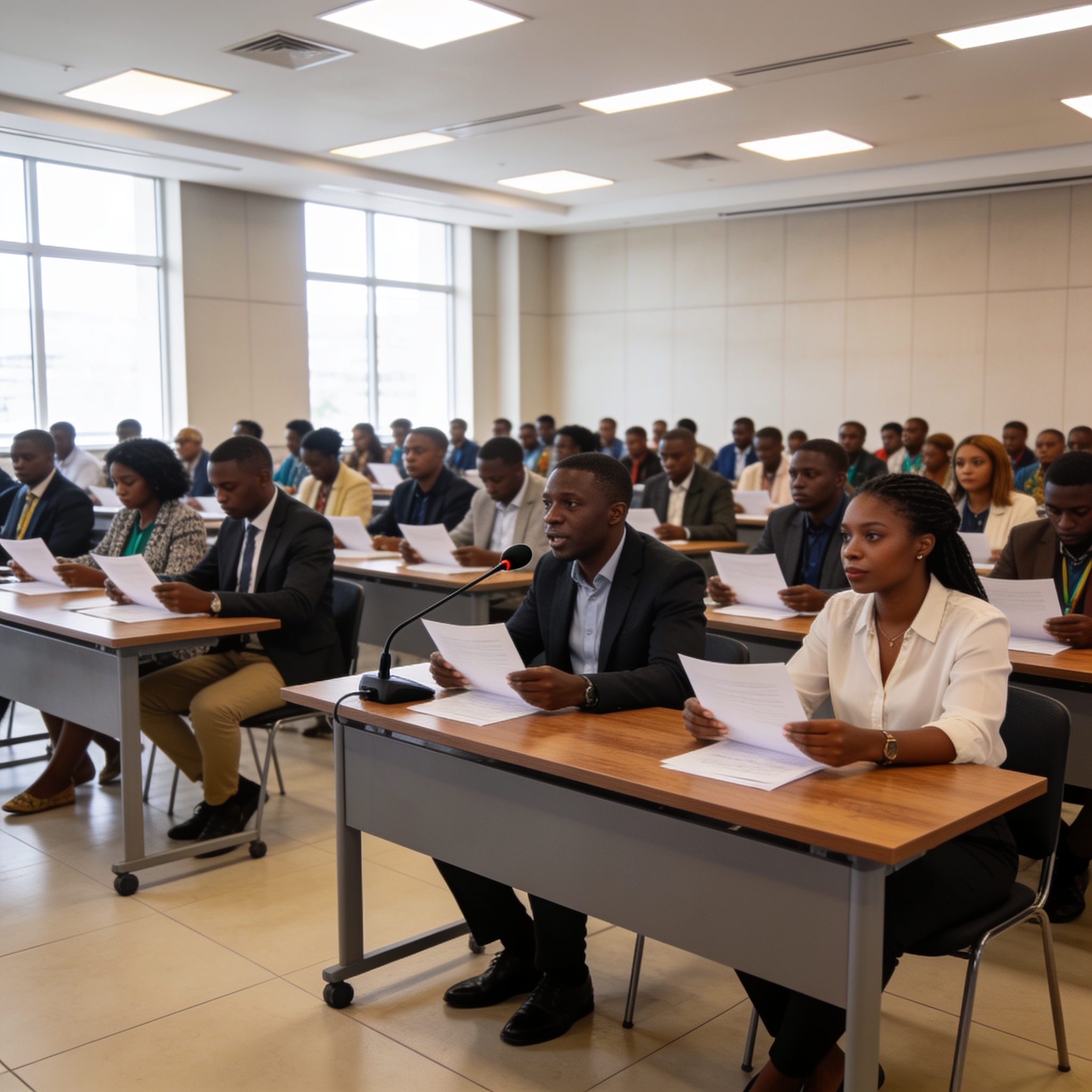 Create an editorial news illustration for an article about 'Brazzaville : 220 jeunes leaders simulent un sommet de l’Union africaine'. The specific country is CG (CG); make visual cues accurate to this exact country and avoid flags or symbols of simi