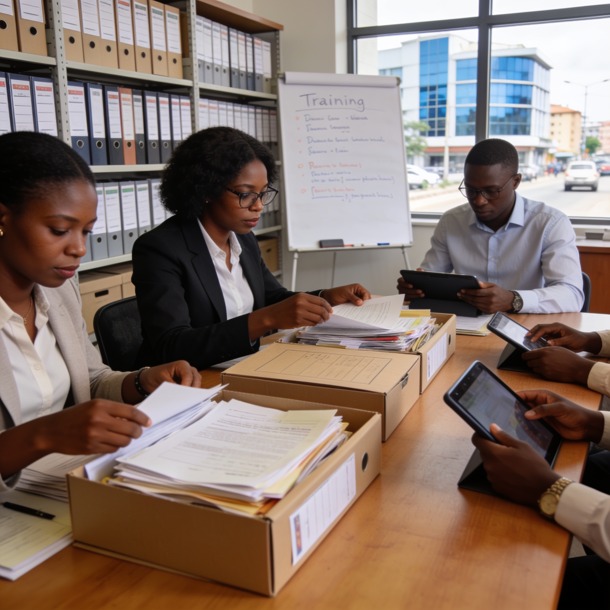 Create an editorial news illustration for an article about 'Brazzaville : les enjeux du métier d’archiviste au cœur d’une formation professionnelle'. The specific country is CG (CG); make visual cues accurate to this exact country and avoid flags or