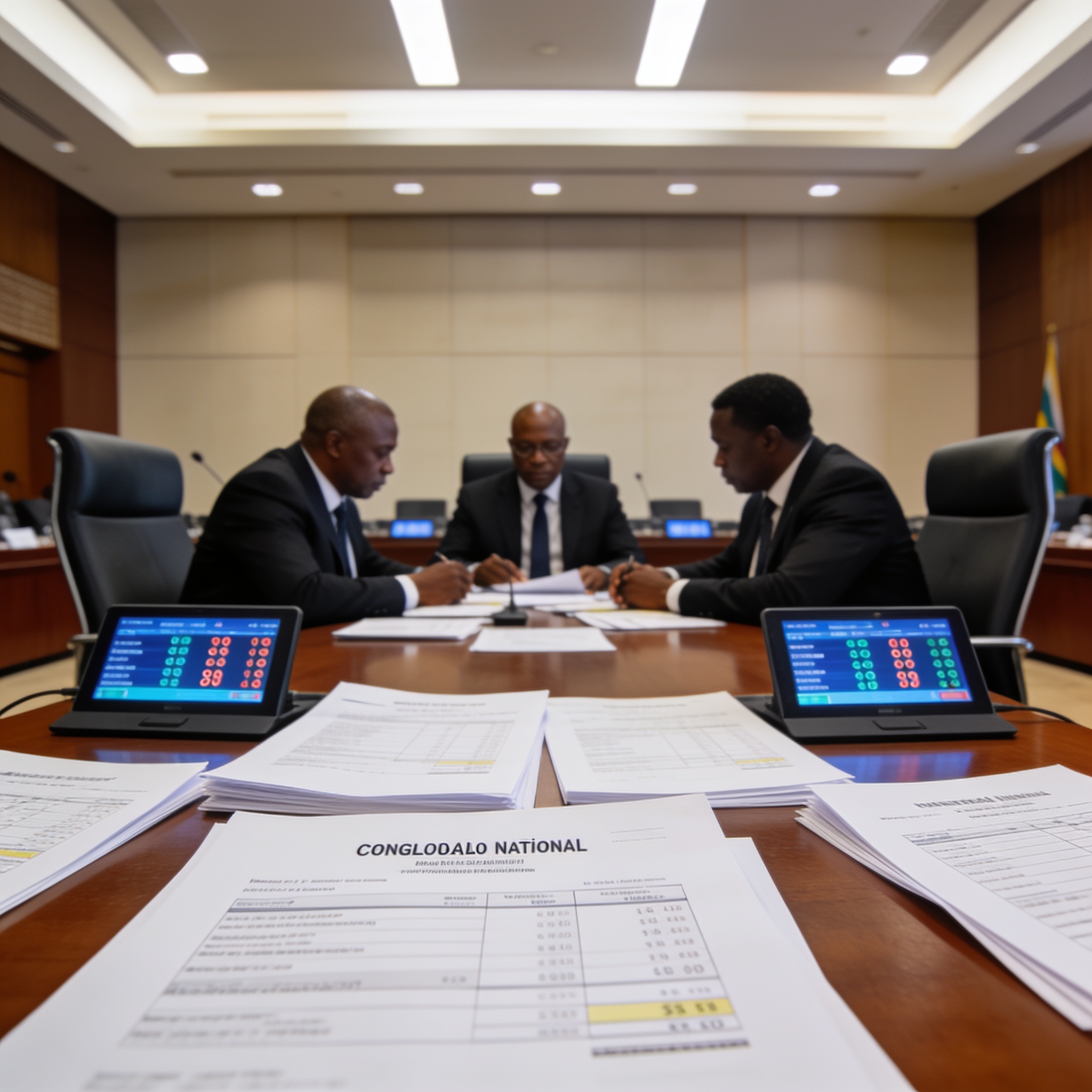 Create an editorial news illustration for an article about 'Budget rectificatif 2026 : le Parlement adopte un excédent de 216 milliards FCFA'. The specific country is Republiqe du Congo (CG); make visual cues accurate to this exact country and avoid