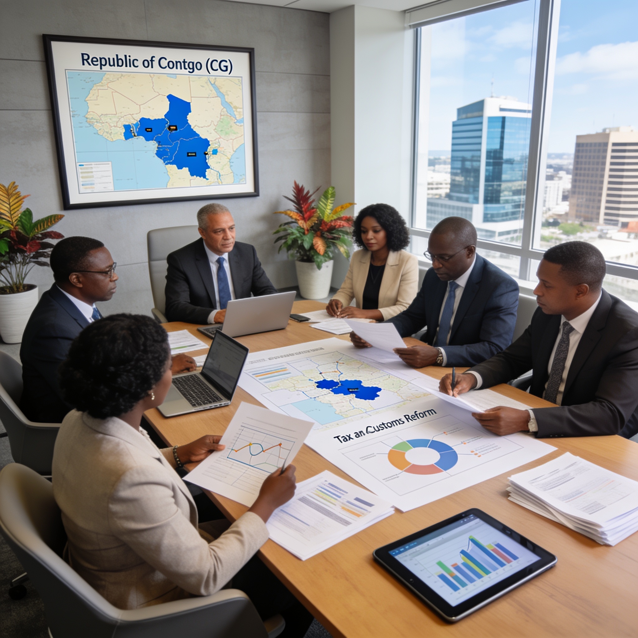 Create an editorial news illustration for an article about 'Cémac : le Congo au cœur des réformes fiscalo-douanières pour doper la production locale'. The specific country is Republiqe du Congo (CG); make visual cues accurate to this exact country an