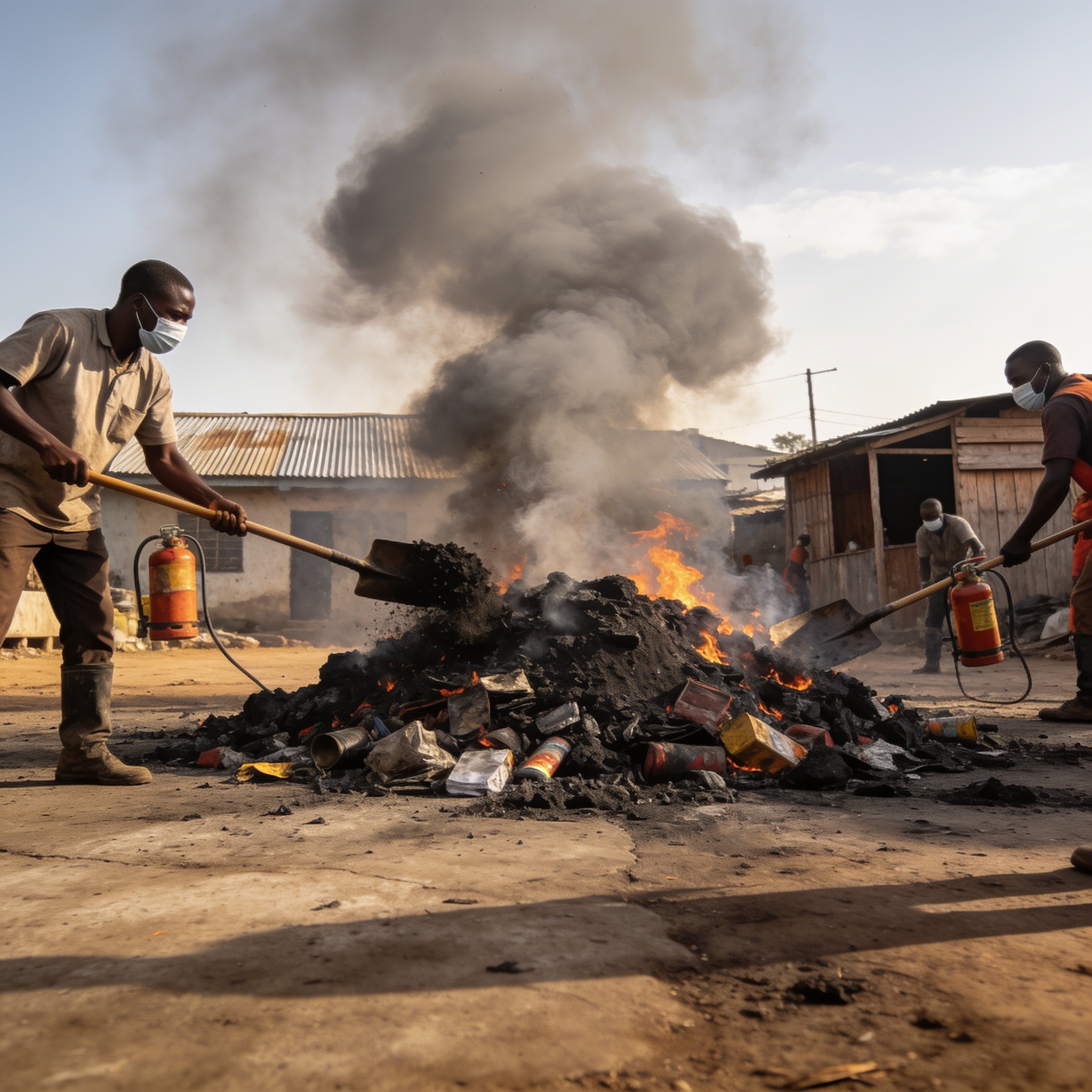 Create an editorial news illustration for an article about 'Congo : 5 tonnes de produits impropres à la consommation réduites en cendres'. The specific country is CG (CG); make visual cues accurate to this exact country and avoid flags or symbols of