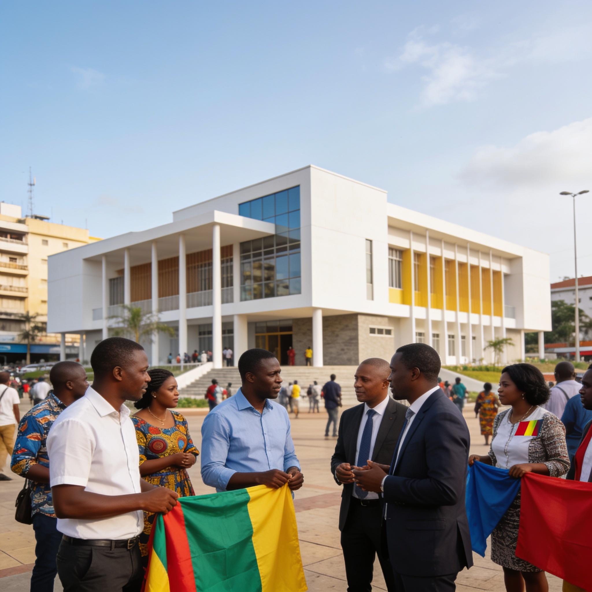Create an editorial news illustration for an article about 'Congo : entre célébration de l’ACI et réformes, une semaine riche en actualités'. The specific country is Republiqe du Congo (CG); make visual cues accurate to this exact country and avoid f
